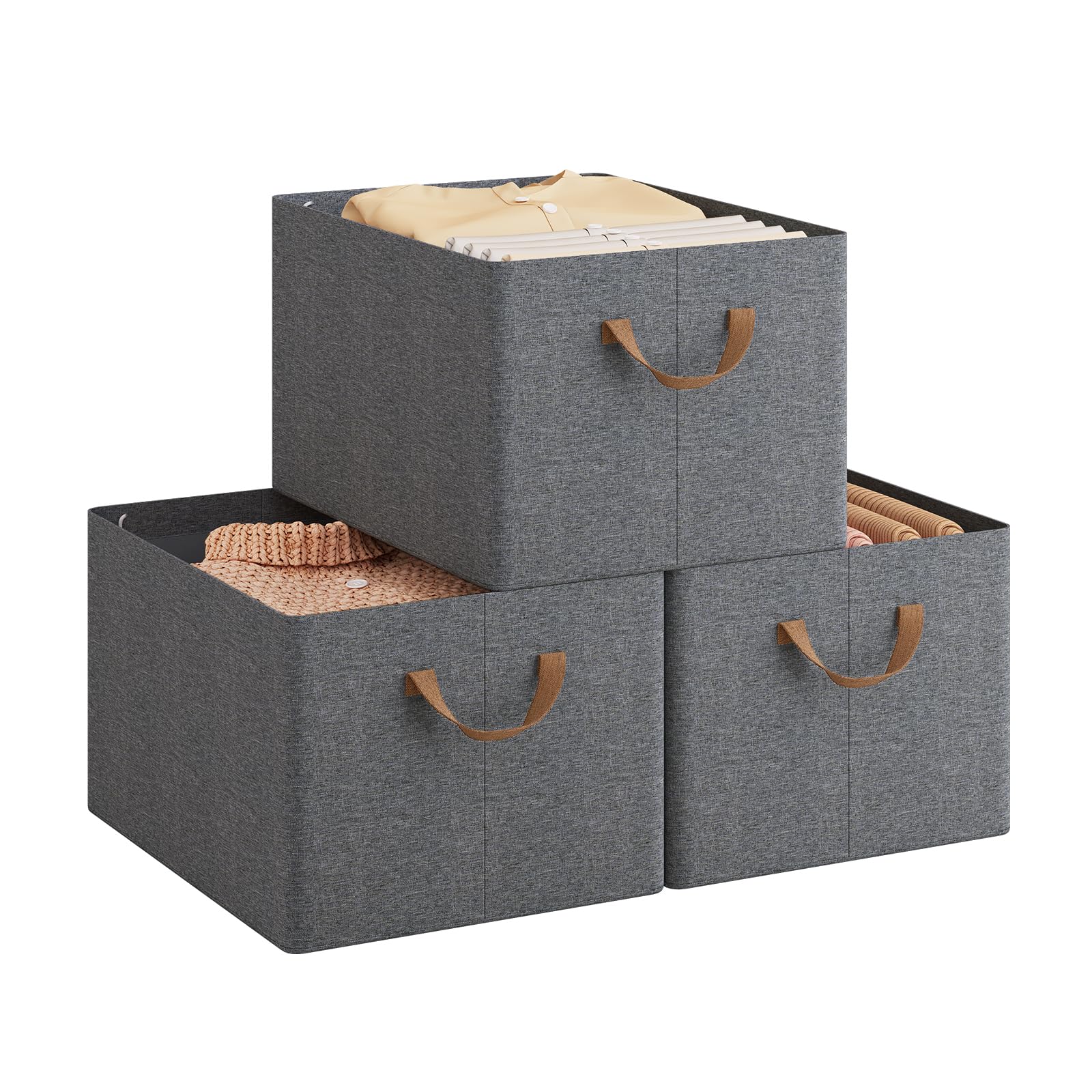 WOLTU Aufbewahrungsbox 3 Stück, aus Polyesterstoff, für Schlafzimmer, Arbeitszimmer, Wohnzimmer, Organizer Box mit Griffen, für Kleidung Spielzeug, faltbar, Grau, 42x26x32 cm
