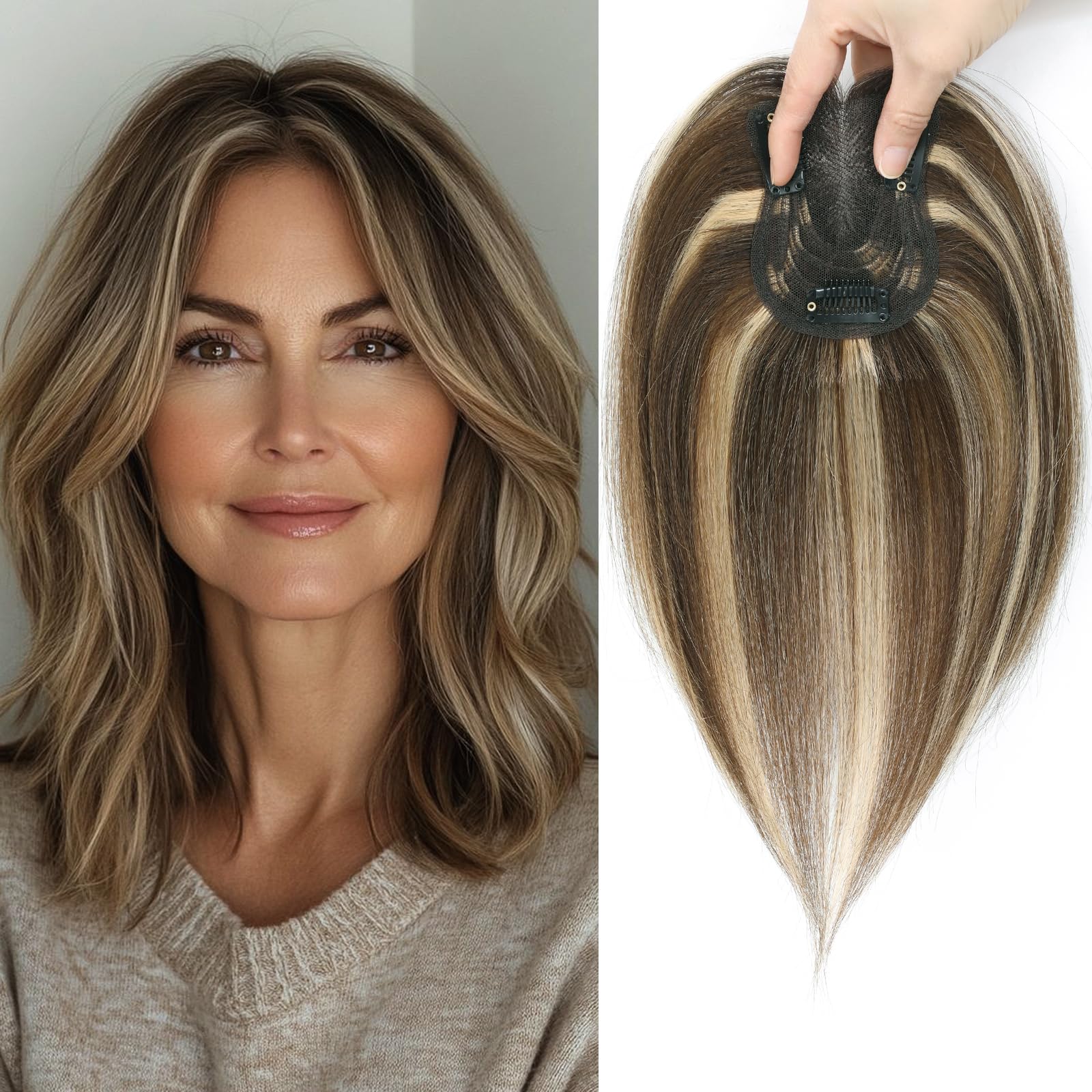 Hair Toppers for Women Fluffy Human Hair Topper 10inch Handmade Swiss Base Hairpieces 360° Cover Hairloss and Grey Hair (Medium Brown with Highlight)