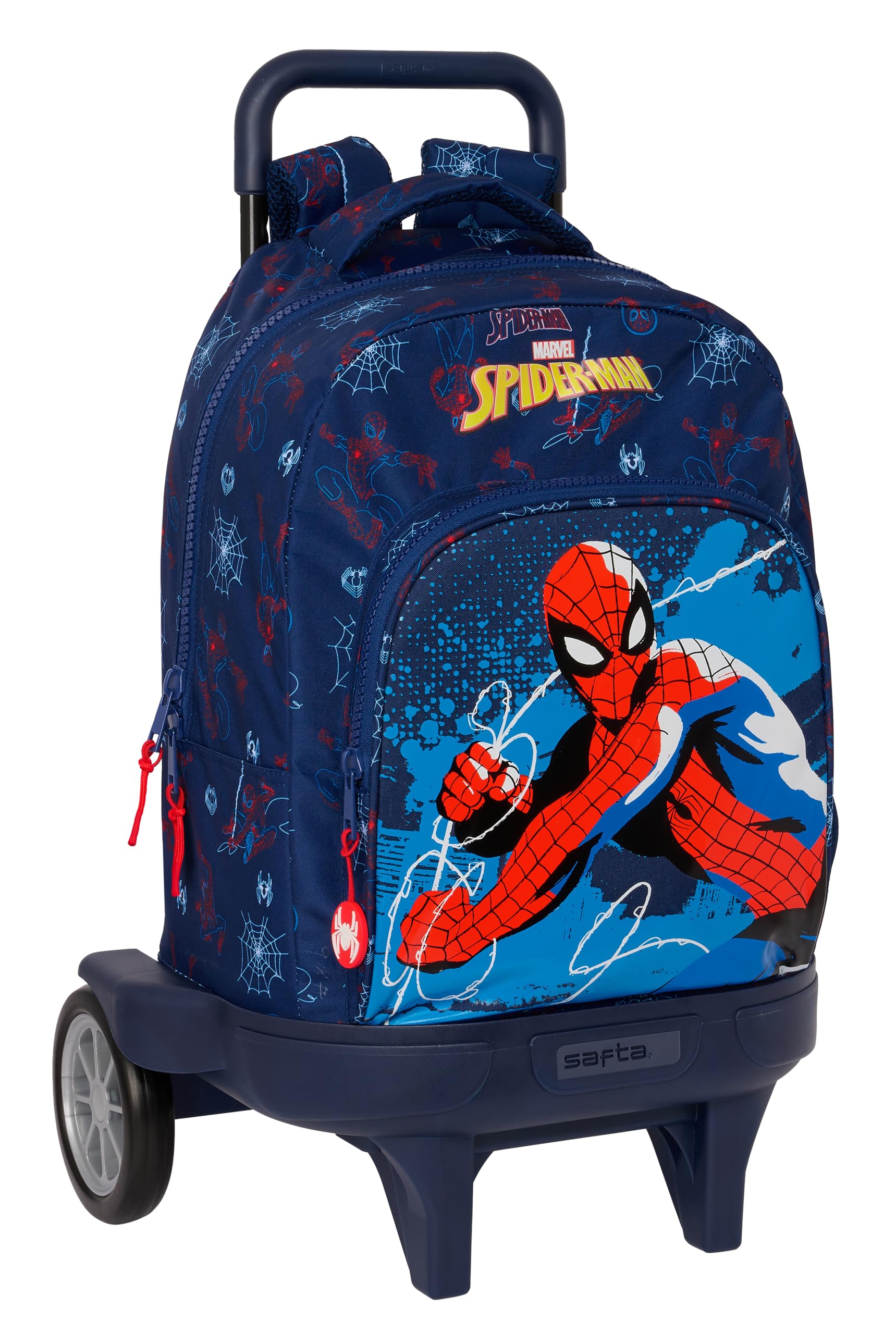 Safta SPIDERMAN NEON - Mochila Grande con Ruedas, Compact Evolución, Extraíble, Ideal para Niños de Diferentes Edades, Cómoda y Versátil, Calidad y Resistencia, 33x22x45 cm, Color Azul Marino