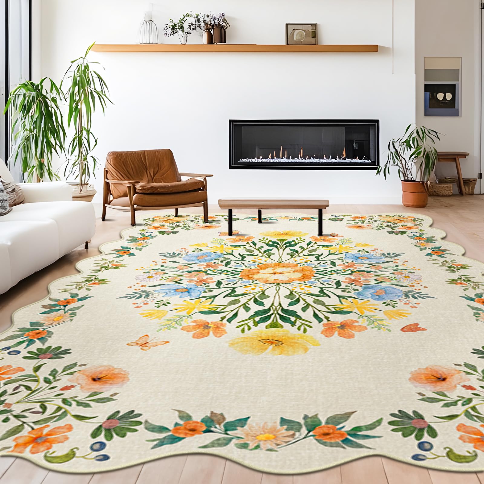 Tapis bohème, lavable, 200 x 300 cm, grand tapis de salon, à poils courts, design vintage oriental, doux, antidérapant, pour chambre à coucher, salle à manger, cuisine, bord ondulé, beige