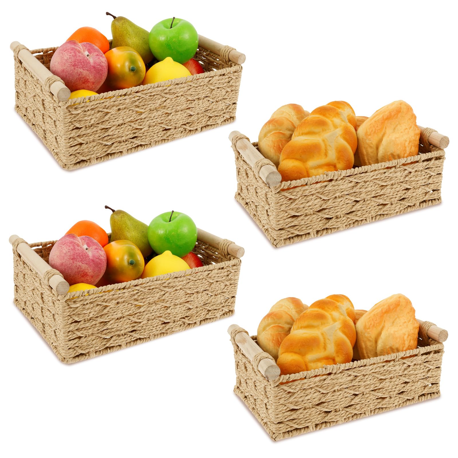 Ghshanog ‎Beige 4Pcs Woven Wicker Storage Baskets,2 Sizes Paper Rope Storage Basket With Handle,Kitchen Bathroom Organiser Decorative Bin Organizers Reusable Hamper Baskets For Cupboards, Drawers, Closet