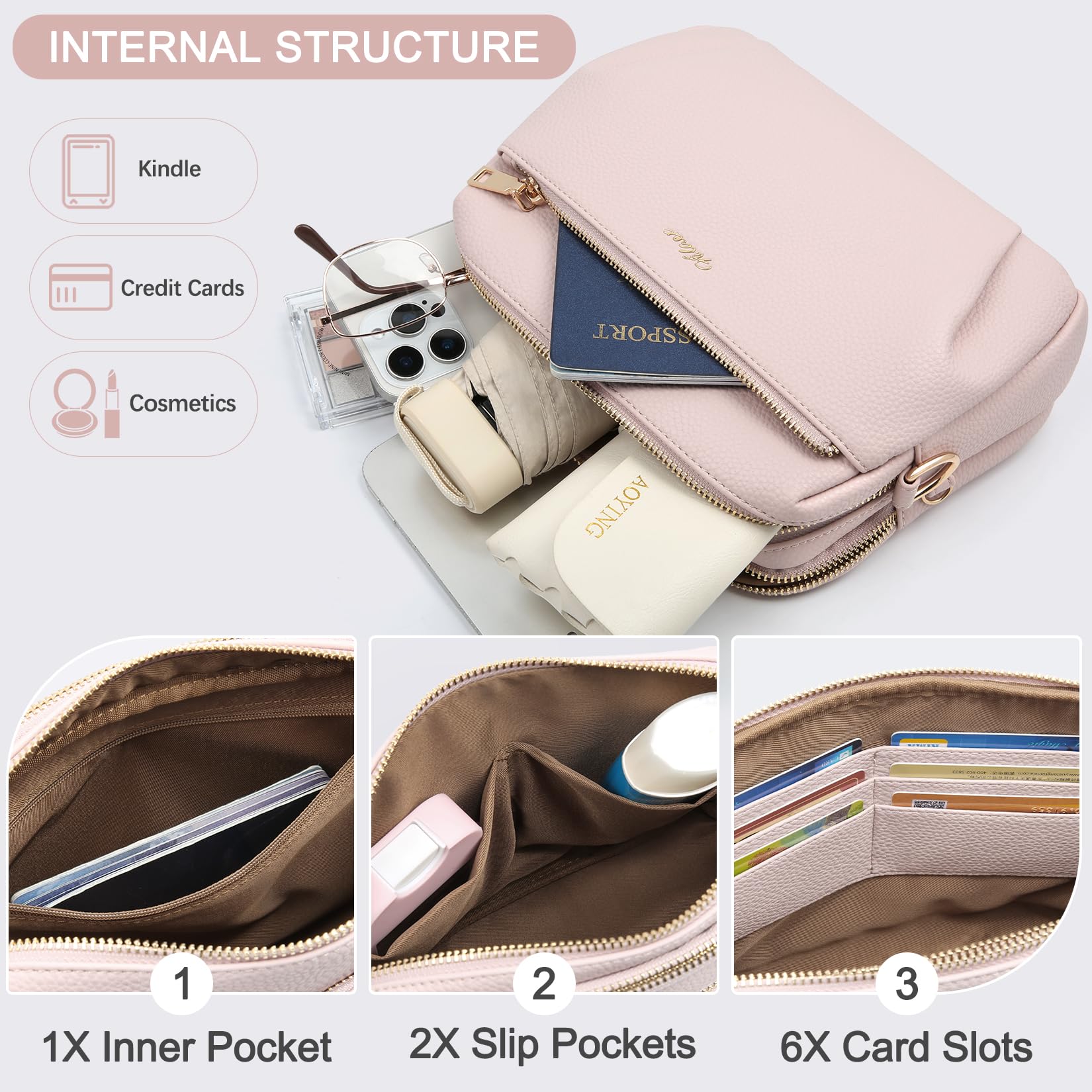 Borsa a tracolla da donna con blocco RFID, antifurto, multi tasche | 3L, leggero, con cinturino largo regolabile, pelle PU impermeabile