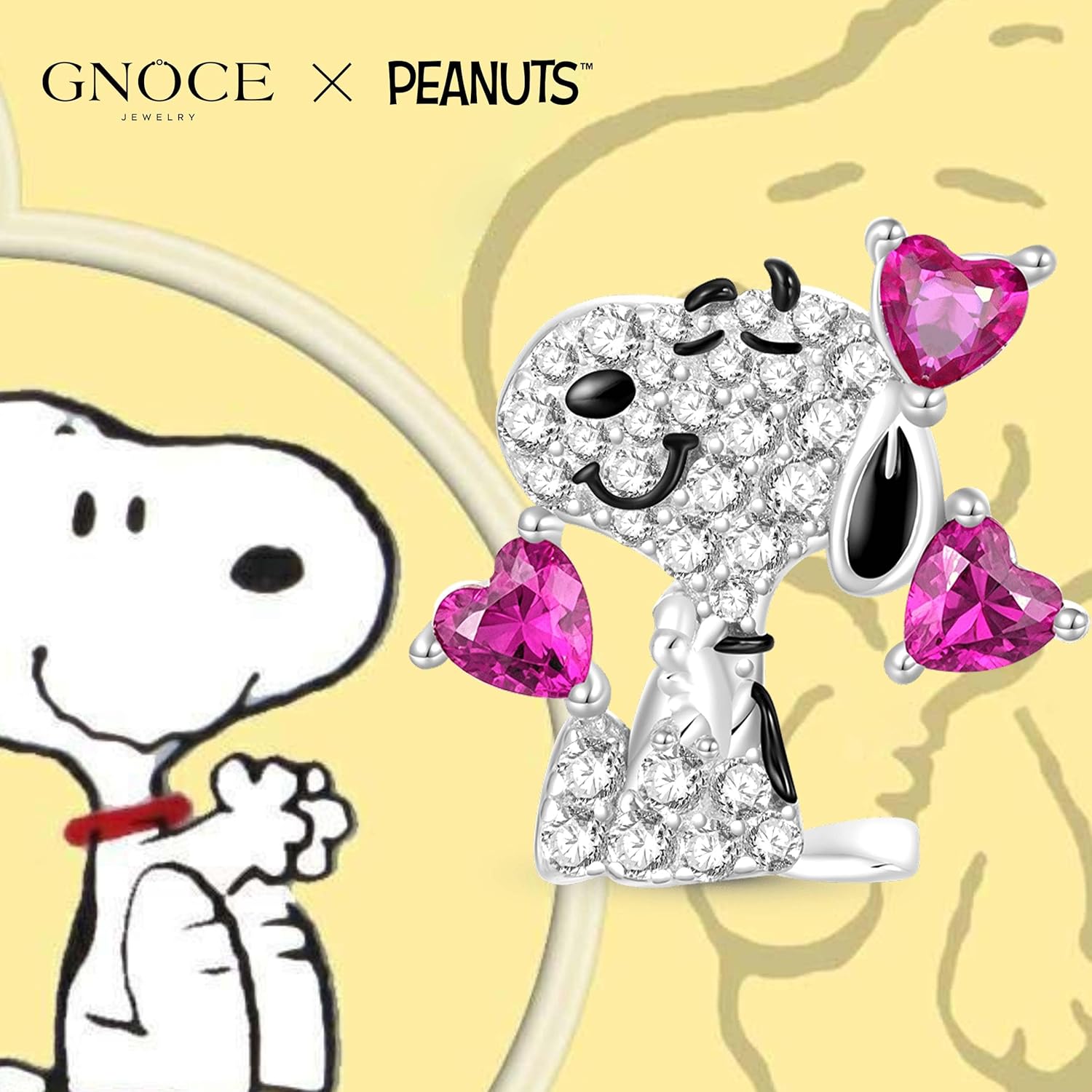 GNOCE Peanuts Snoopy Love Diamond Charm for Women, S925 Sterling Silver Dangle Charms for Women Wife, Valentine‘s Day, Mother’s Day Jewelry