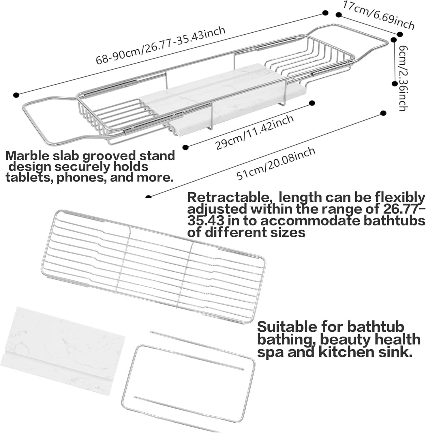 Expandable Bathtub Tray Caddy Shelf with Marble Table Mobile/Tablet Stand, Luxury Bath Tub Tray Rack, Bathroom Home Spa Shower Accessories Perfect Relaxing Spa Gifts for Women and Towel