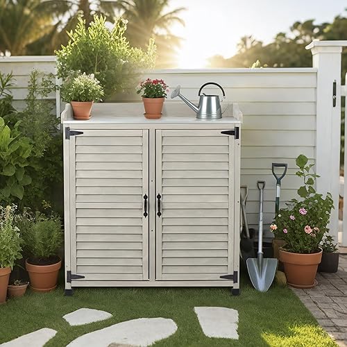 Miniatura 7 de Banco para macetas al aire libre con parte superior de trabajo de metal, gabinete de almacenamiento de jardín impermeable, estación de herramientas