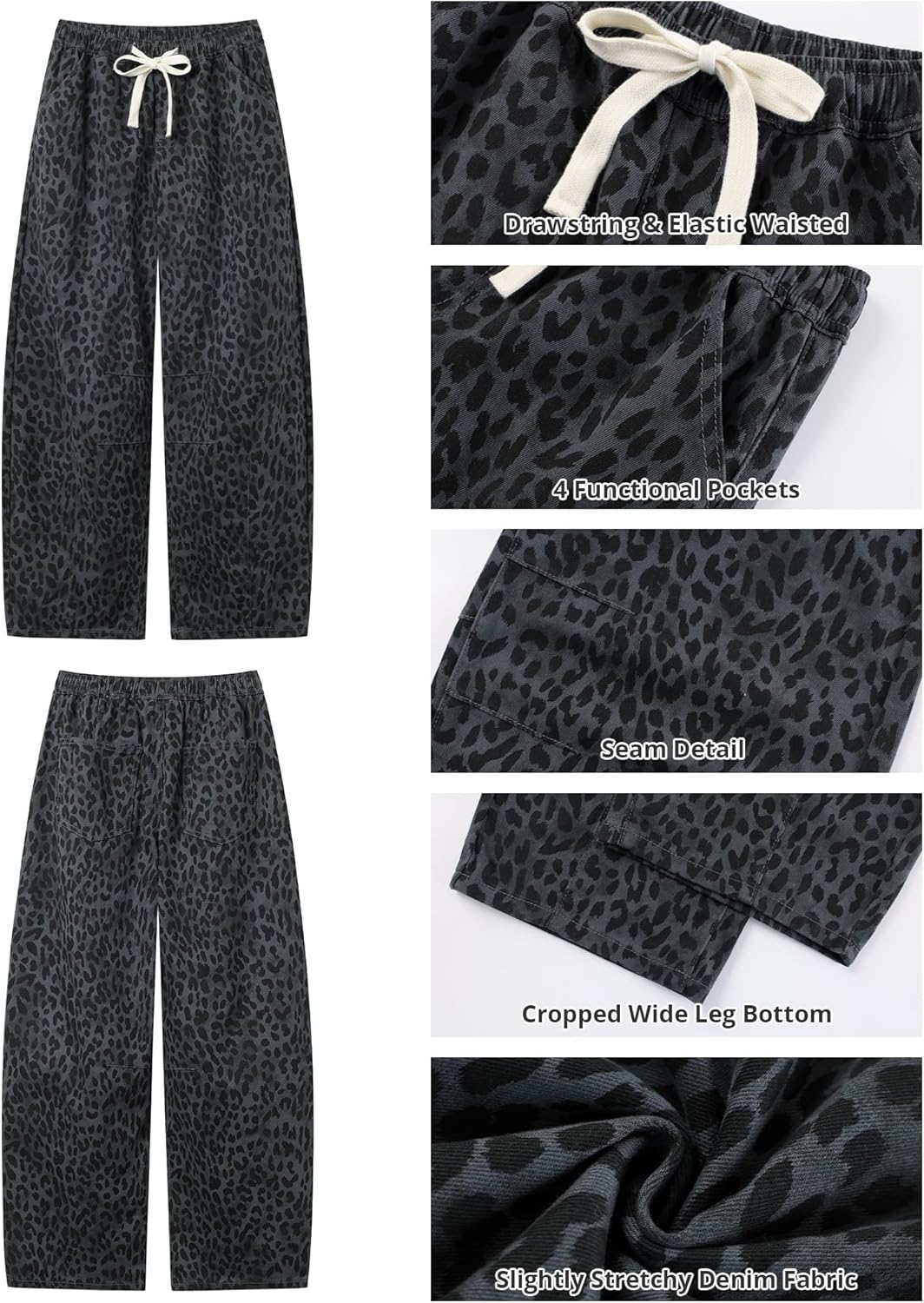 GRAPENT Barrel Jeans for Women Trendy High Waisted Pull On Wide Leg Cropped Leopard Cheetah Print Stretchy Denim Pants - Image 6