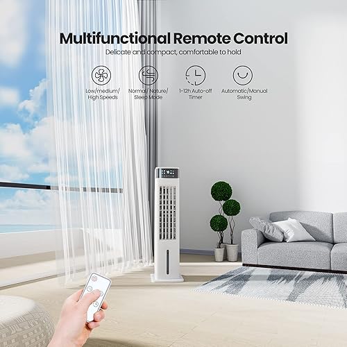 Miniatura 2 de Uthfy Enfriador de aire evaporativo ventilador de torre de 30 pulgadas que sopla aire frío con control remoto 3 velocidades temporizador de 12 horas