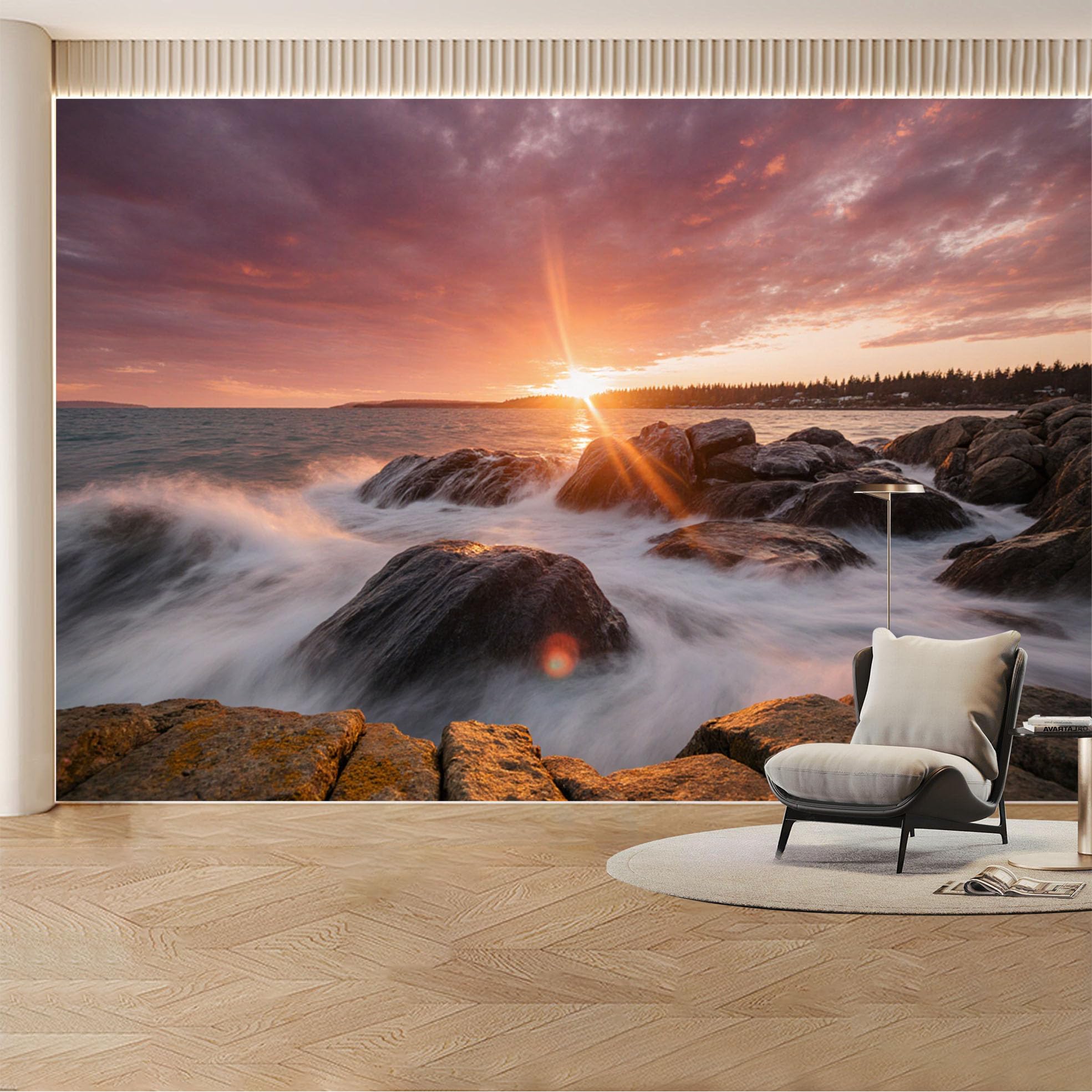 Custom Wall Mural Wallpaper Ocean Sunset， Landscape Nature Wall Decor， Sunset Misty Removable SelfAdhesive Large Photo for Living Room， Bedroom， Office