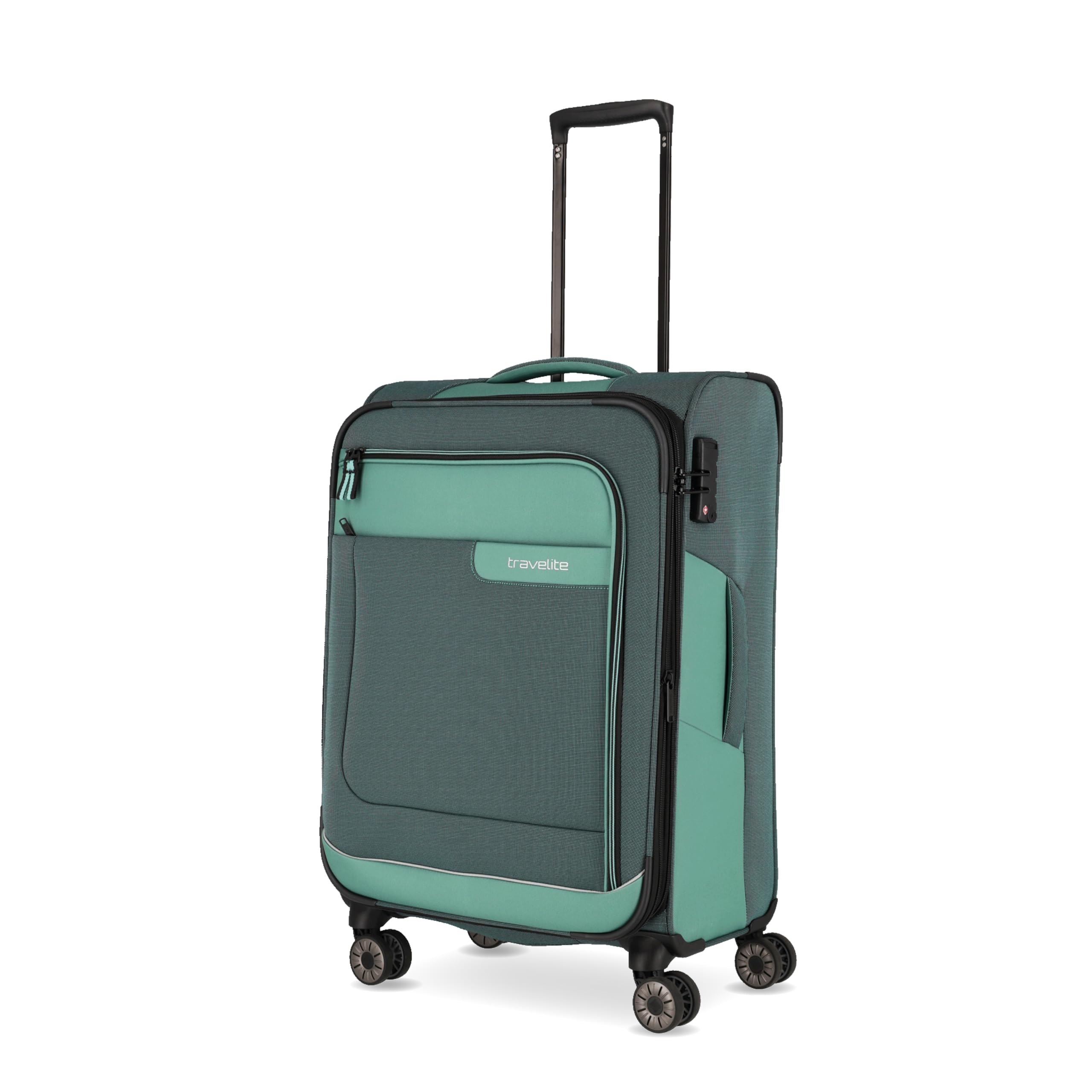Travelite VIIA 4-Rad-Koffer Größe M – Weichschale, recyceltes Polyester, 70–80 L, Eukalyptus (67 cm)