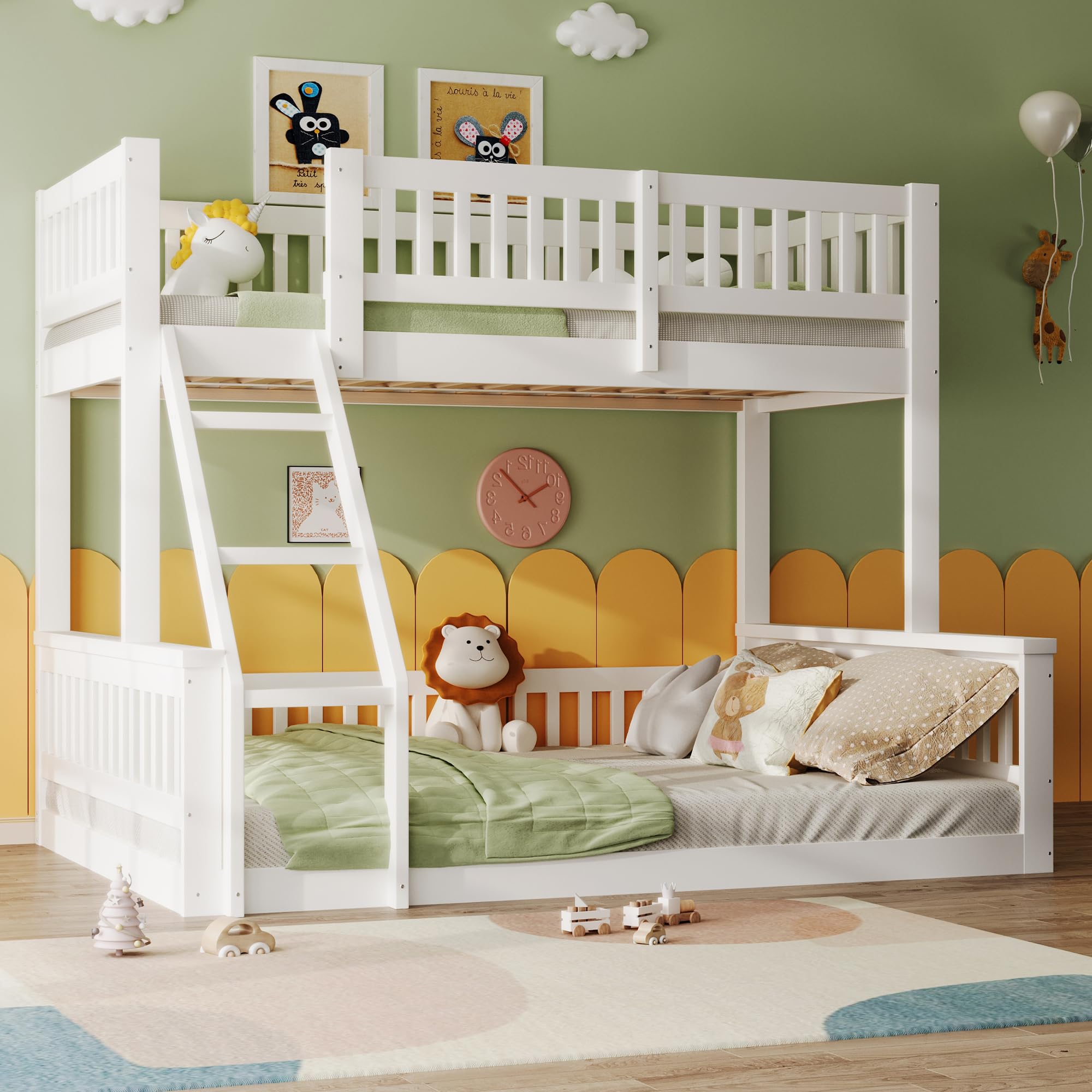 Letto a castello, 90 x 200 cm + 140 x 200 cm, scaletta, sponda per letto, stile semplice, senza materasso, bianco