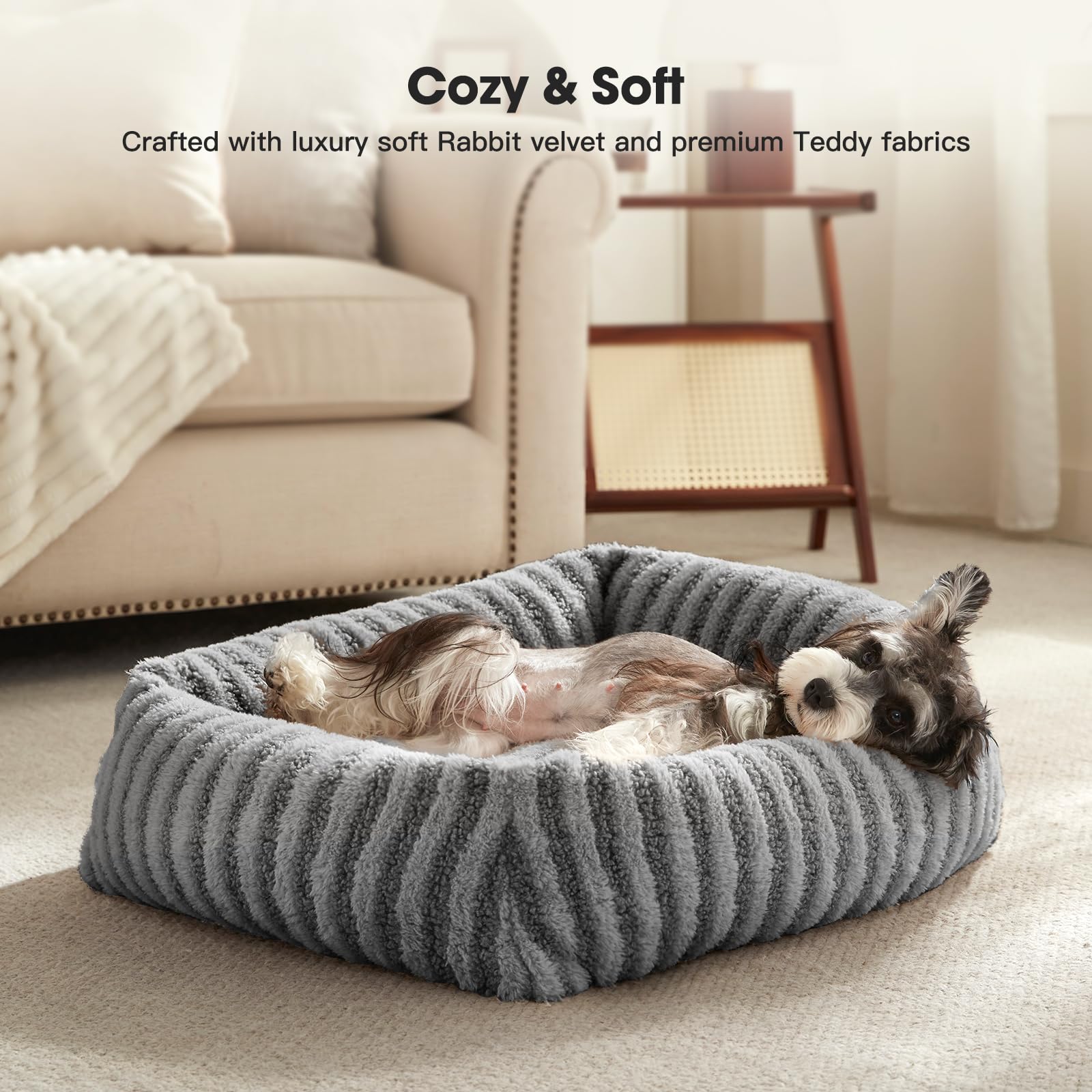 MIXJOY Medium Dog Beds for Medium Sized Dog, Calming Warming Pet Beds, Washable Dogs Bed with Removable Cover, Rectangle Pet Bed with Non-Slip Bottom, 25"x21"x7", Grey - image 3
