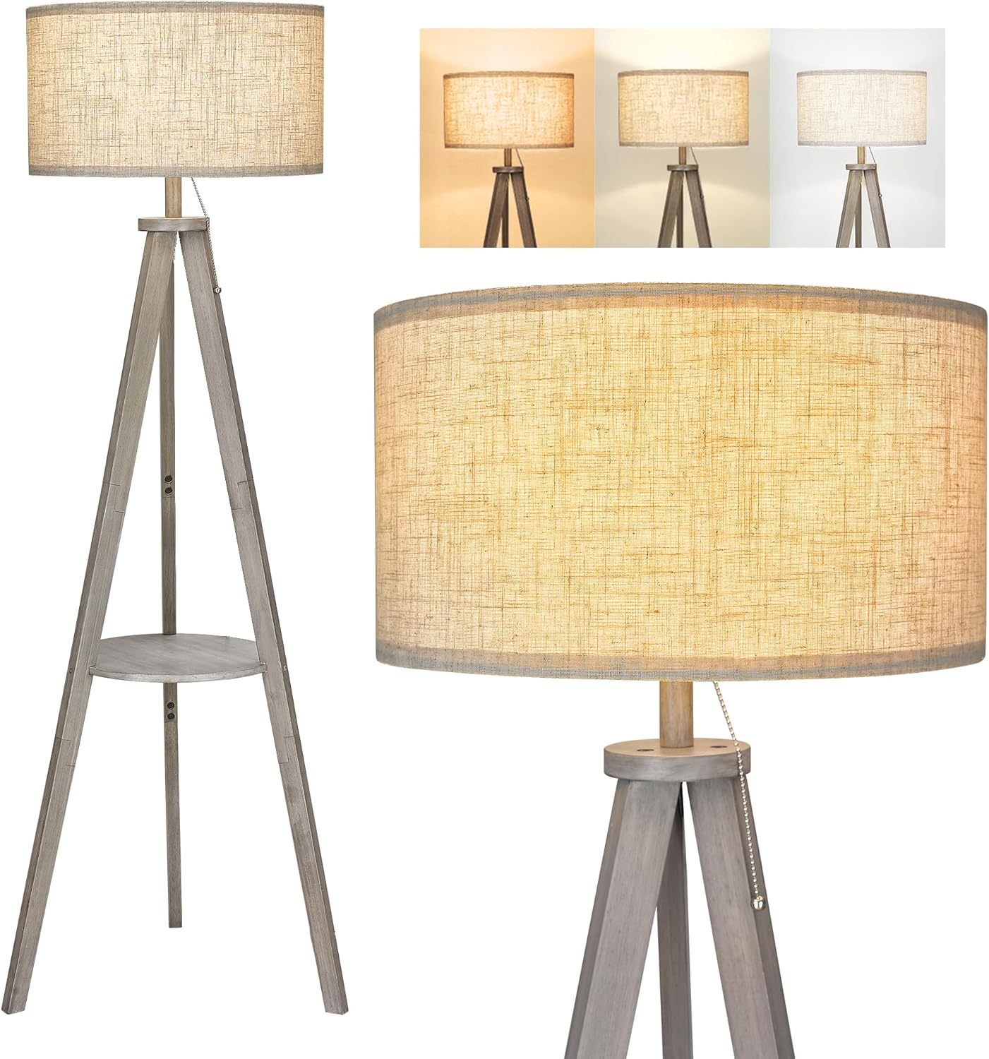 ELYONA Tripod Floor Lamp with 3 Color Temperatures LED Blub, Wood Floor Lamp with Table - Farmhouse Tall Reading Standing Light for Living Room, Bedroom, Office, Study Room, Pull Chain Controls, Grey Upgrated Grey
