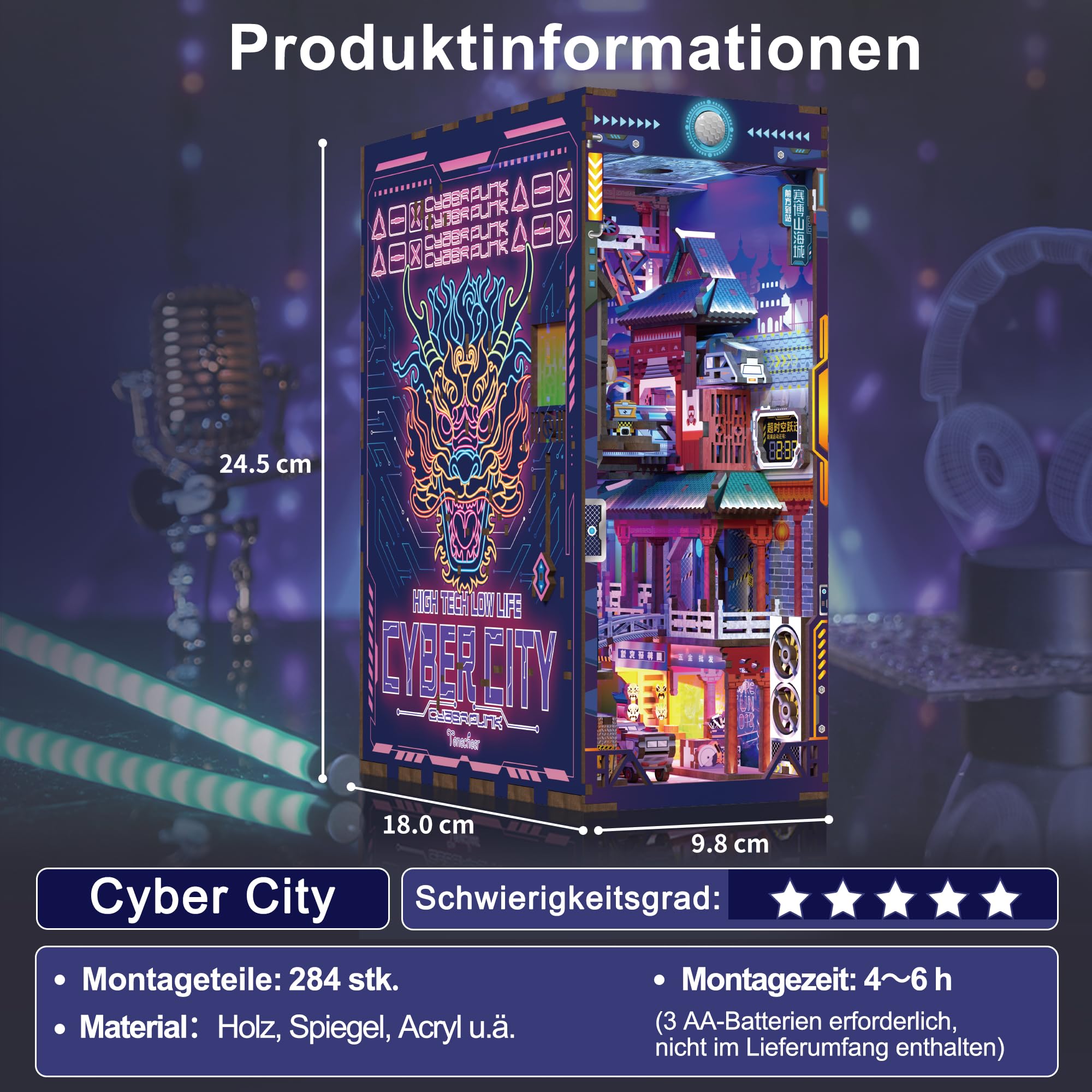 Tonecheer Book Nook Kit 3D Holzpuzzle Booknooks DIY Modellbausätze Erwachsene zum Baue Miniatur Haus Bücherregal Nook Book mit Licht lustiges Geschenke Geburtstagsgeschenk(Cyberstadt)