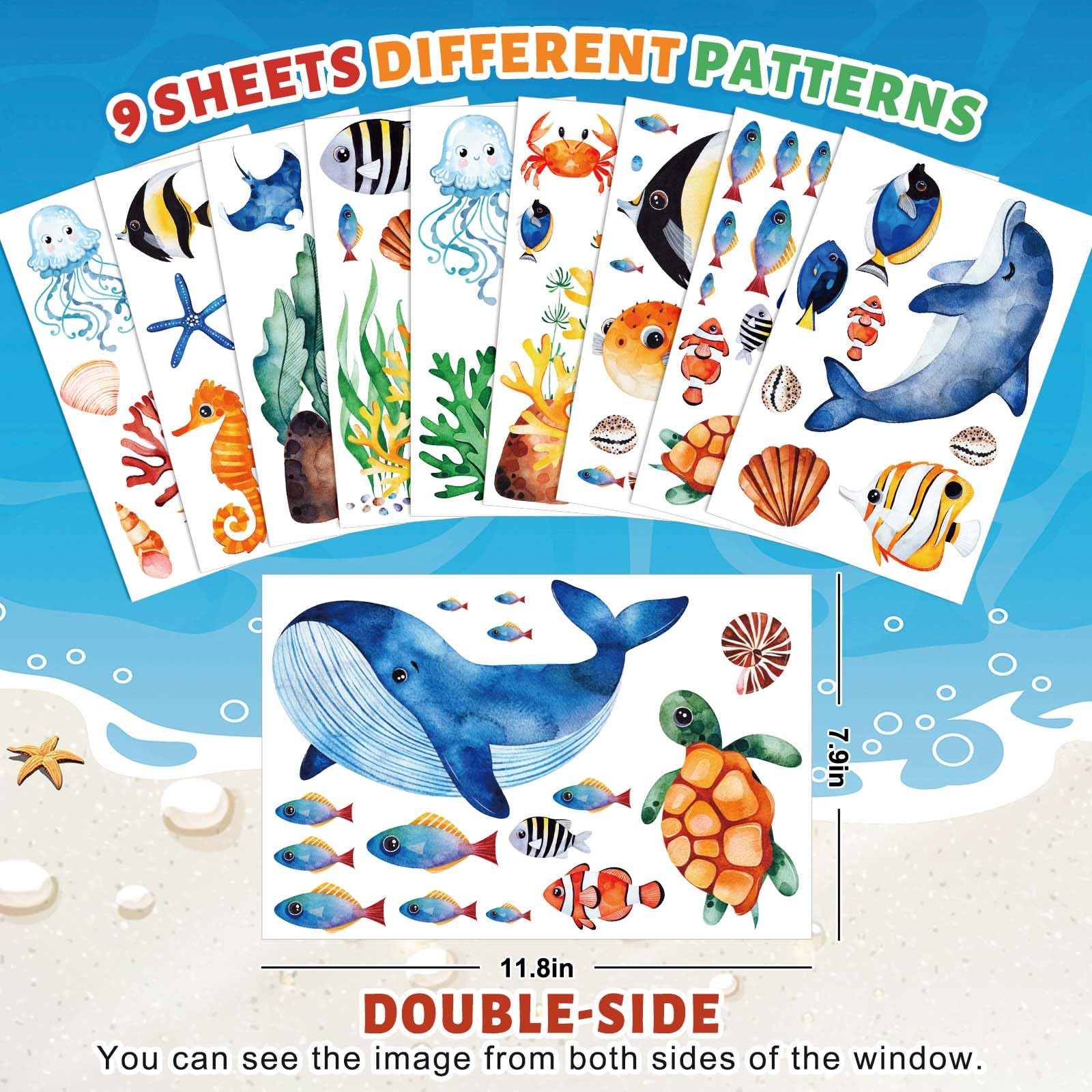9 Sheets Ocean Theme Window Clings Watercolor Summer Sea Animal Glass Stickers Under The Sea Marine Creature Fish Whales Turtles Reusable Static Window Decals for Home School Office Party Decor