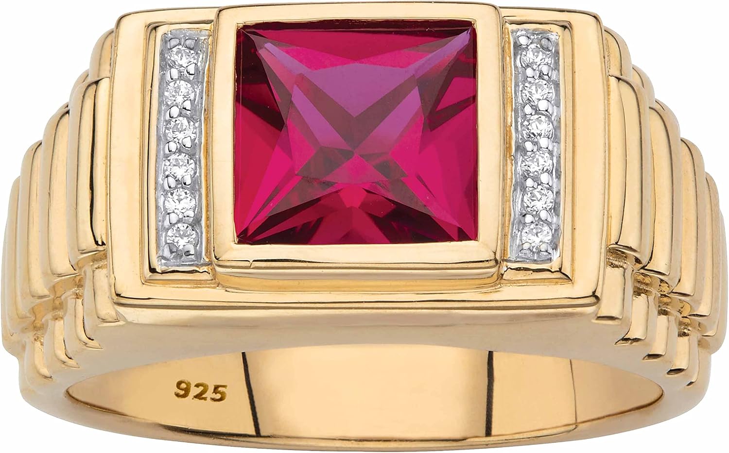 Men's 18K Yellow Gold over Sterling Silver Square Cut Created Red Ruby and Diamond Accent Ring