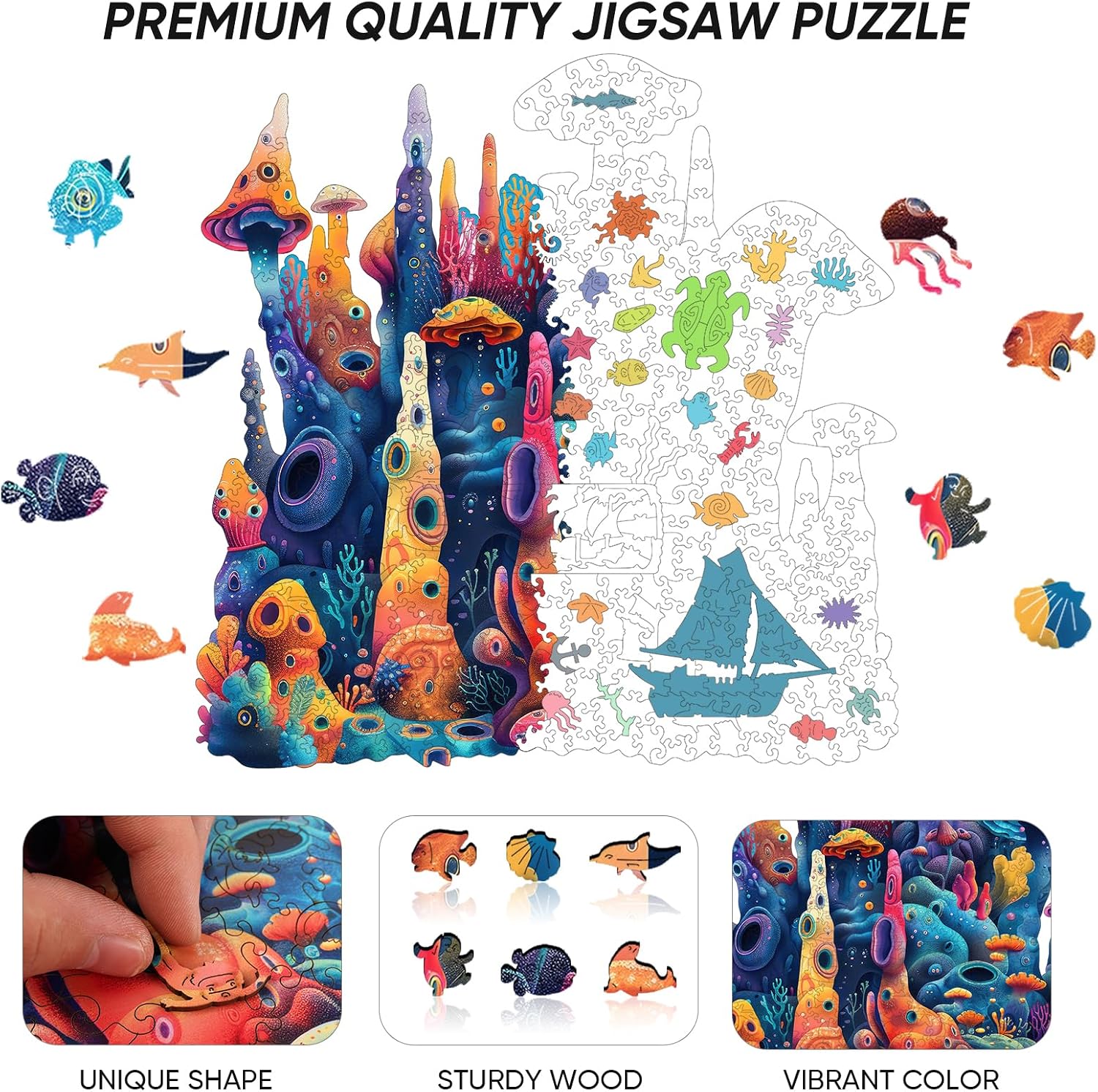 Qiuenisray Wooden Puzzles 500 Pieces, Coral Ocean Jigsaw Puzzles, FSC Certified Wood Puzzle, Wall Decor, Unique Shape Puzzle Piece, Creative Gift for Family Game 16.6x16.9 in