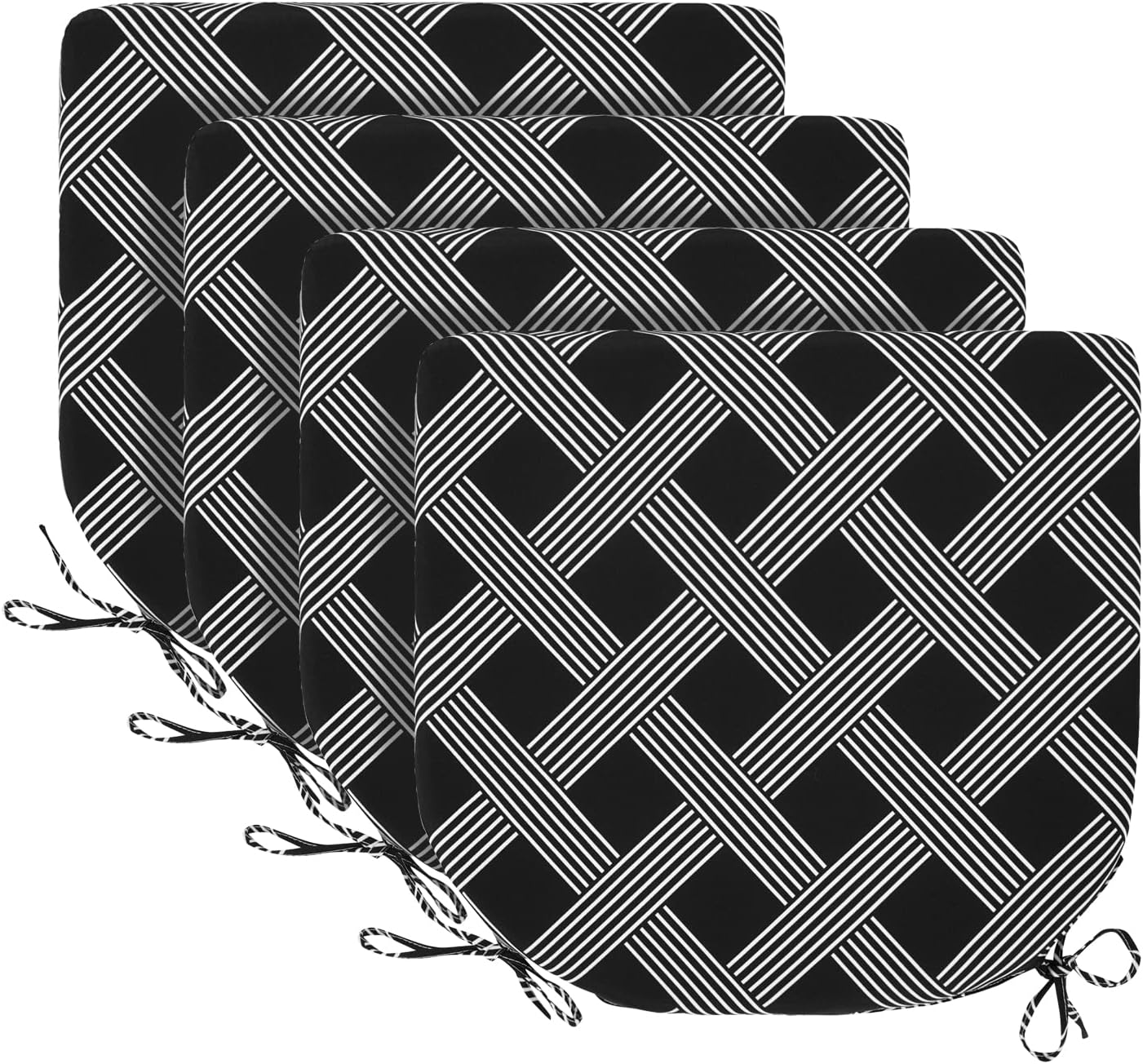Basic Beyond Outdoor Chair Cushions for Patio Furniture - Round Corner Outdoor Chair Cushions Set of 4, Waterproof Seat Cushions with Ties, 17"x16"x2", Black Geometry