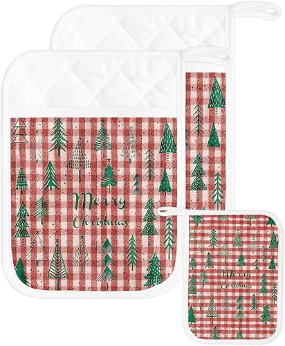 Juego de 2 soportes para ollas de Navidad para cocina, antideslizantes y aislantes de calor, juego de agarraderas de tela de toalla con bolsillo,