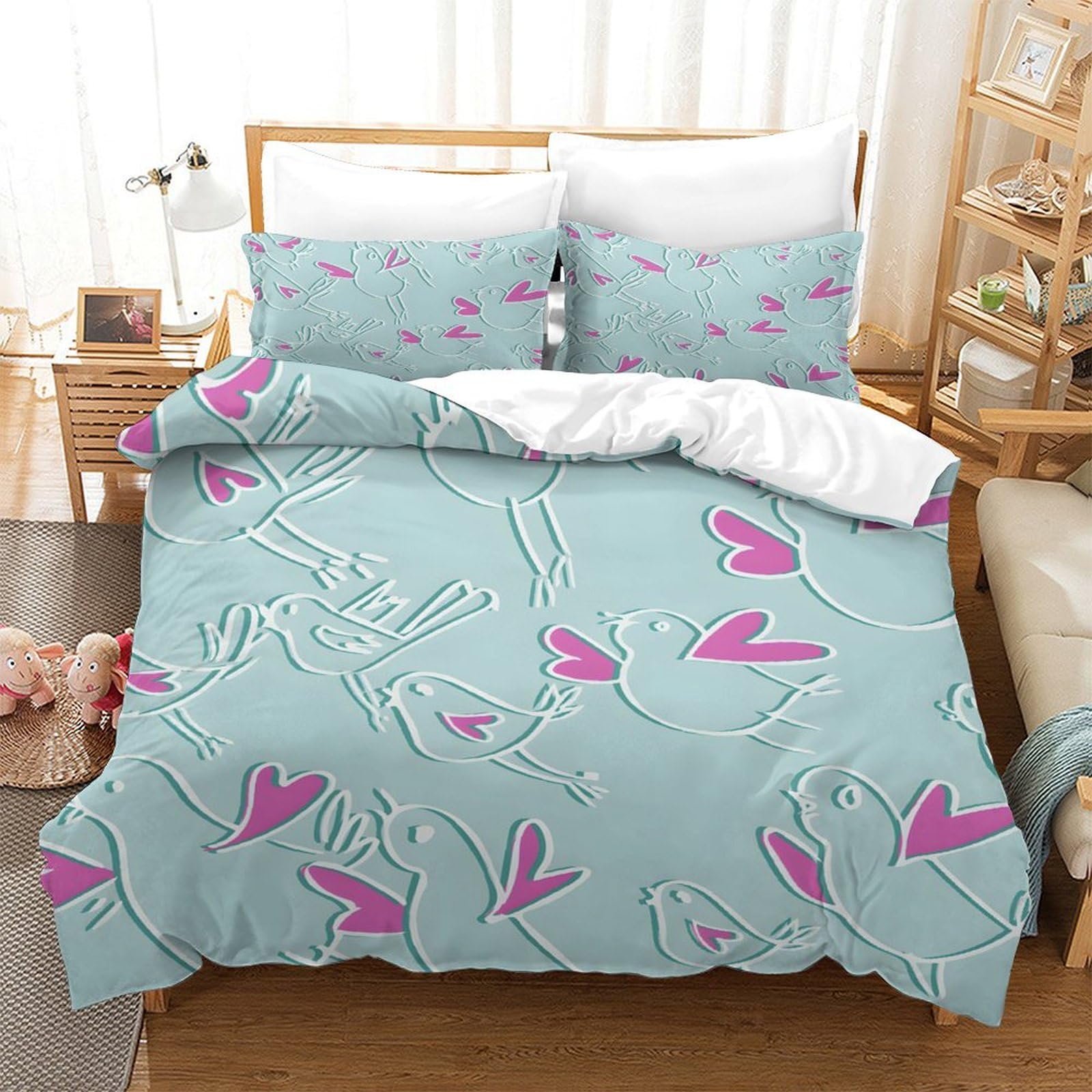 LIAOHENKAN Love Birds Heart Full Size Comforter Set for Teens Adults 3Pcs Soft Microfiber Bedding Set with Zipper Closure Breathable Quilt Set Ultra Soft Room Decor Single（140x200cm）