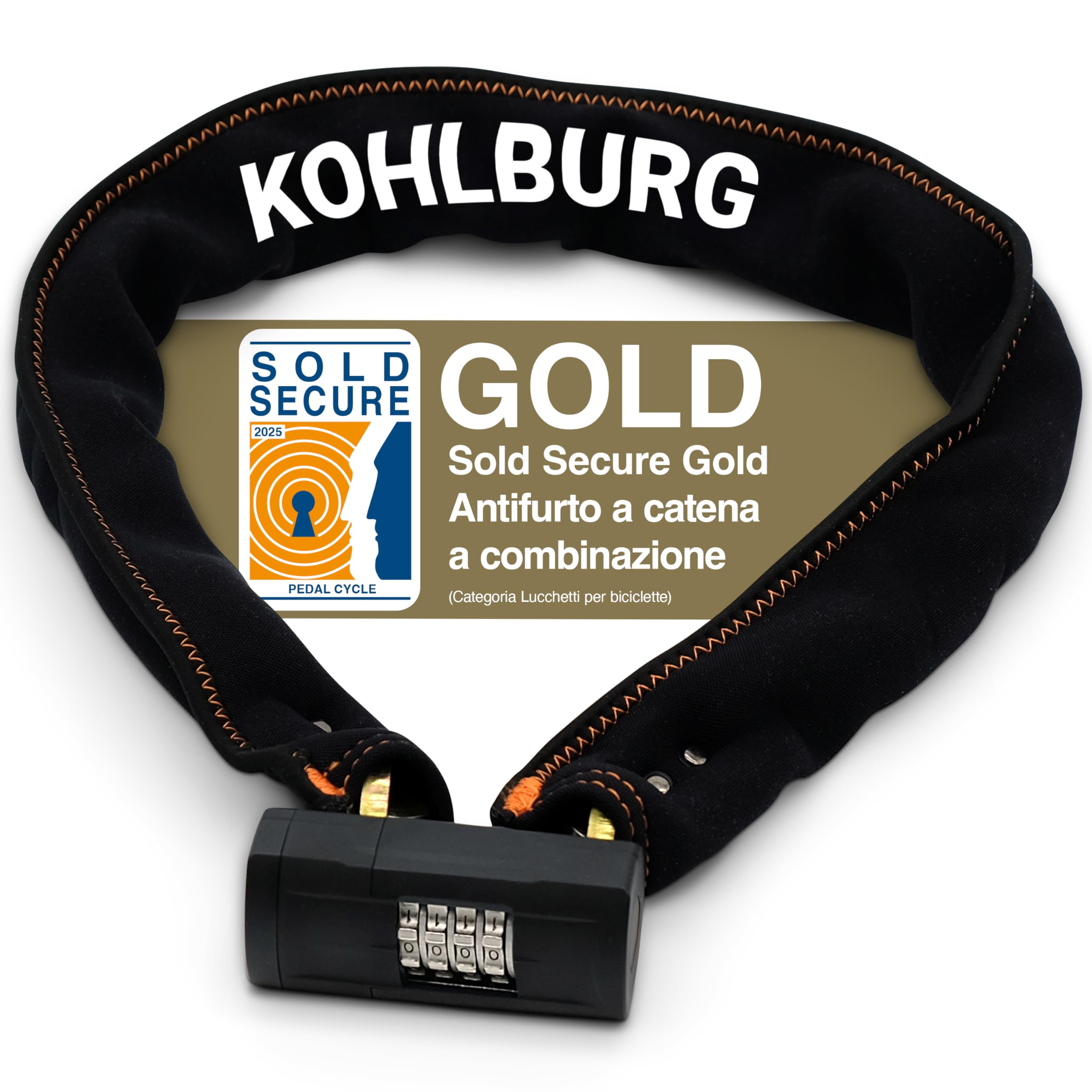 KOHLBURG antifurto massiccio 110 cm a combinazione con massima sicurezza [Sold Secure GOLD] – catena antifurto a combinazione & maglie da 8 mm – antifurto a codice per bici; e‑bike & moto