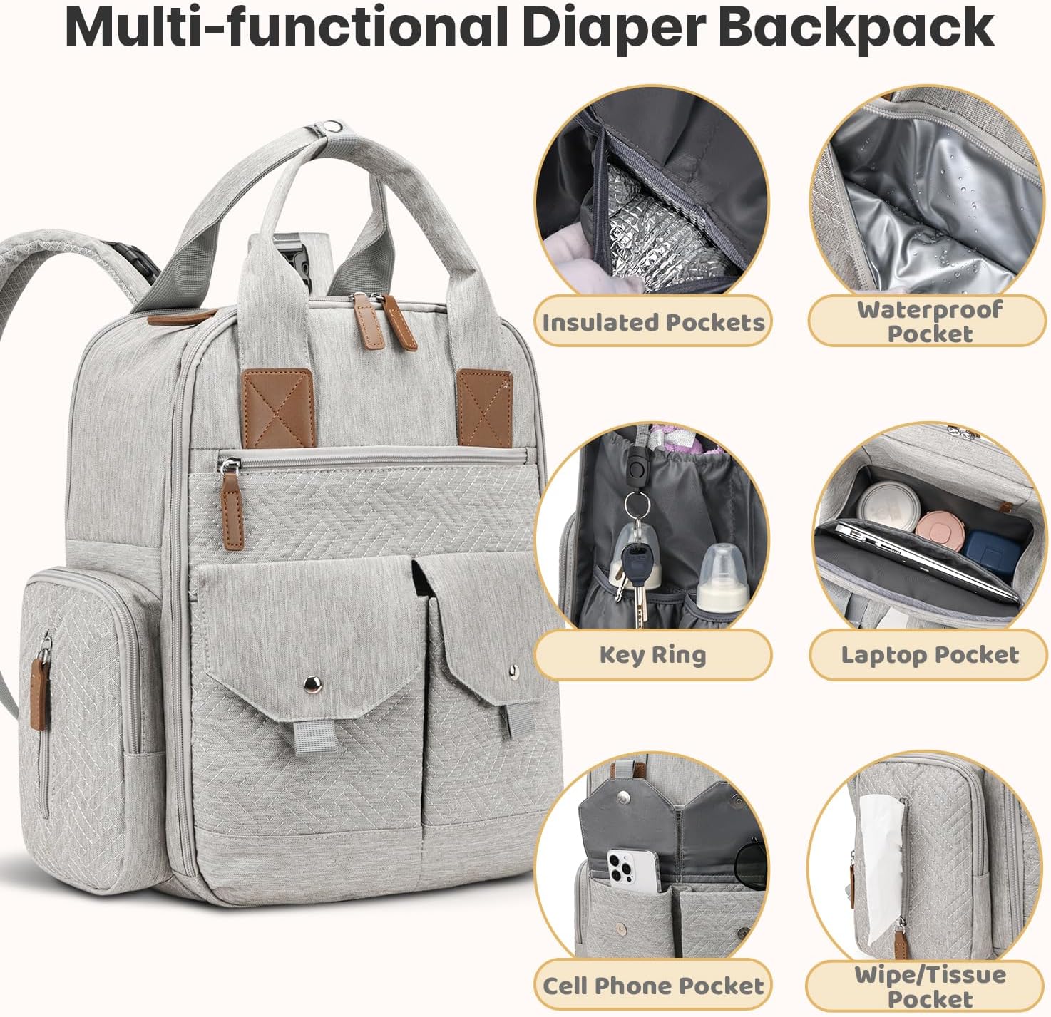 JSTPRO Diaper Bag Backpack - Large Diaper Bag with Portable Changing Pad as Baby Shower Gifts, Lightweight Waterproof Unisex Travel Baby Bag with 4 Insulated Pockets and Stroller Buckles, Light Grey