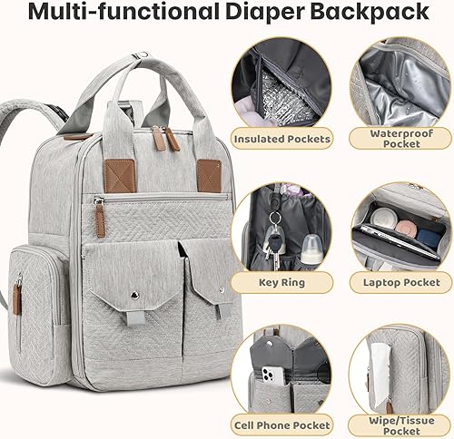 Miniatura 8 de Mochila para pañales  Bolsa de pañales grande con cambiador portátil como regalo de baby shower, bolsa de bebé de viaje ligera impermeable unisex