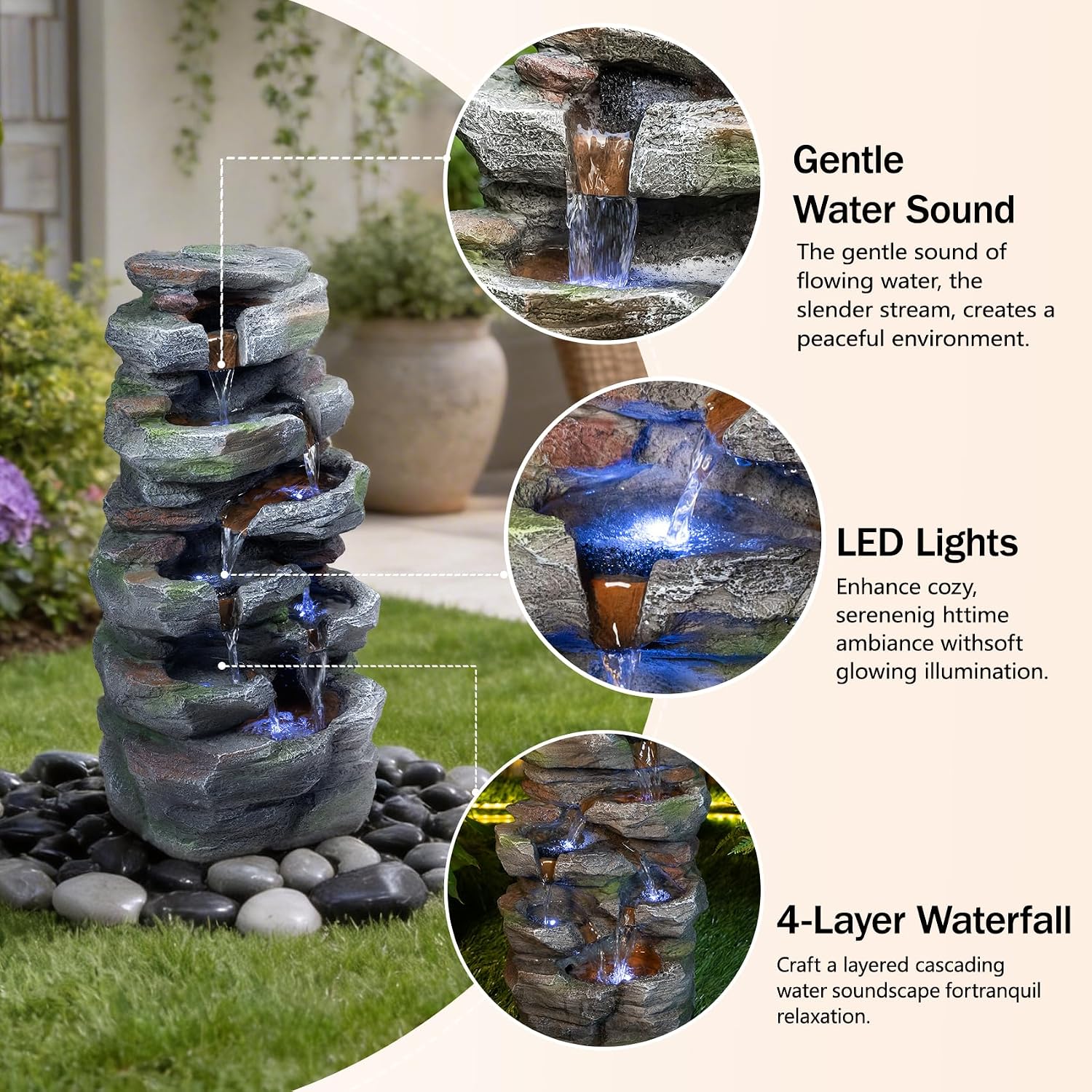 Rock Waterfall Outdoor Fountain with LED Lights Cascading Stone Garden Fountain for Patio Backyard Lawn Deck Resin Tiered Water Feature Outdoor Decor 23.6 Inch