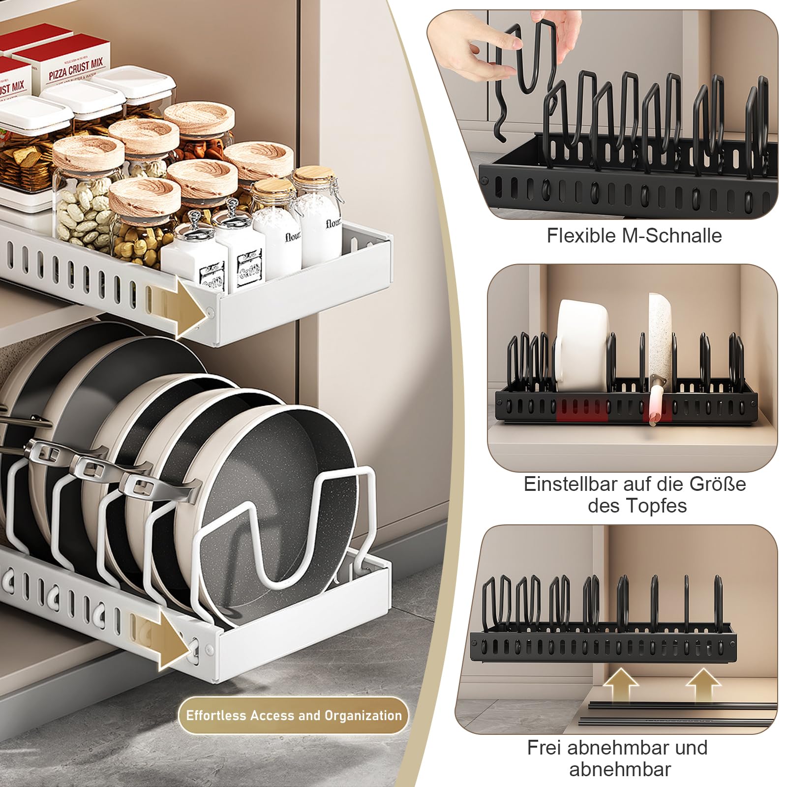 Confezione da 2 Organizer estraibili per pentole e padelle sotto il mobile, Organizer per pentole e padelle per mobile, Organizzatori per padelle con 8 divisori regolabili (Nero)