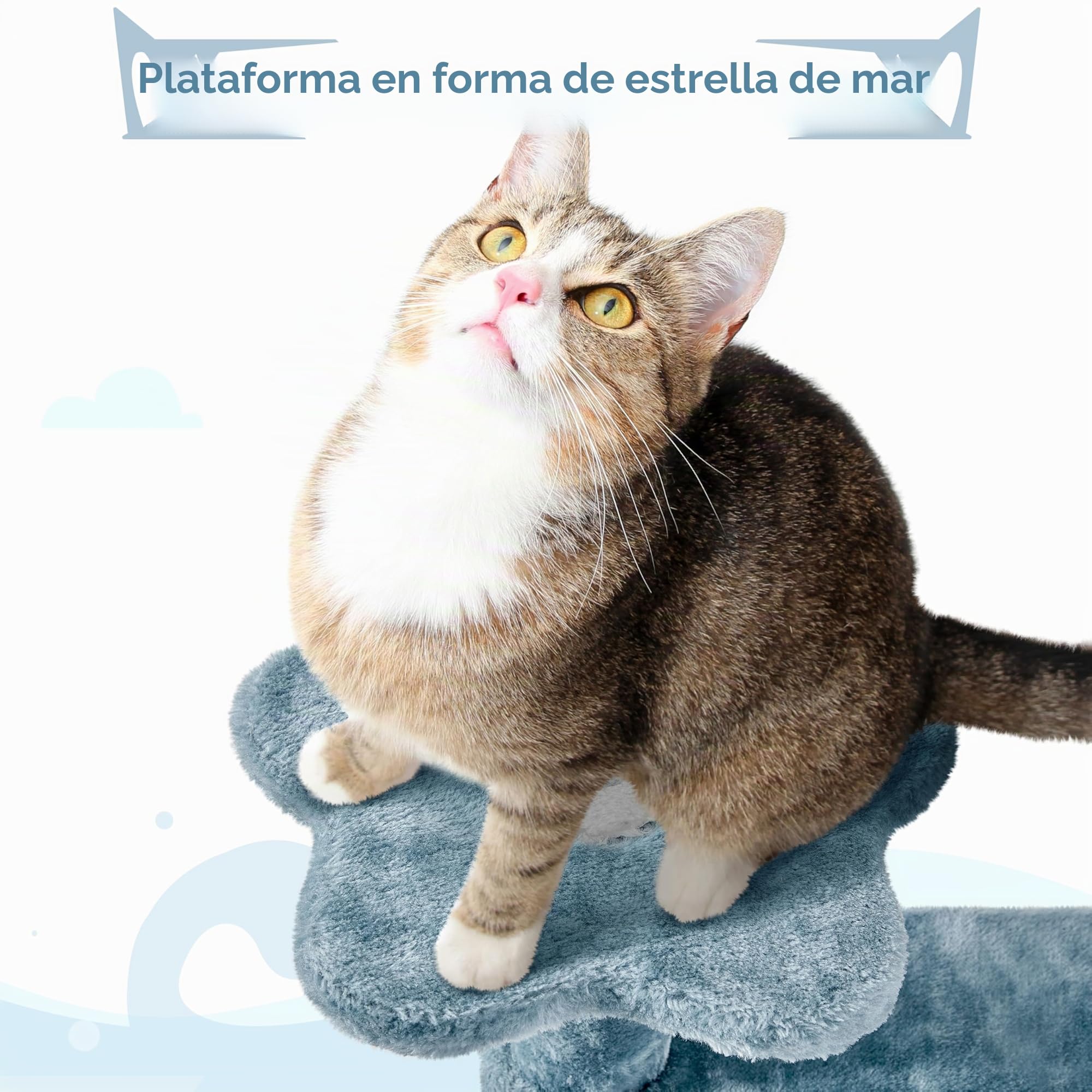 Yaheetech Árbol para Gatos 115cm Rascador para Gato Torre de Gatos con Hamaca Cueva Plataforma Estilo del Océano Azul y Blanco | Torre de peluche con forma de tiburón, con 2 perchas, 1 hamaca, 1 cama para arañar y cuerda de sisal