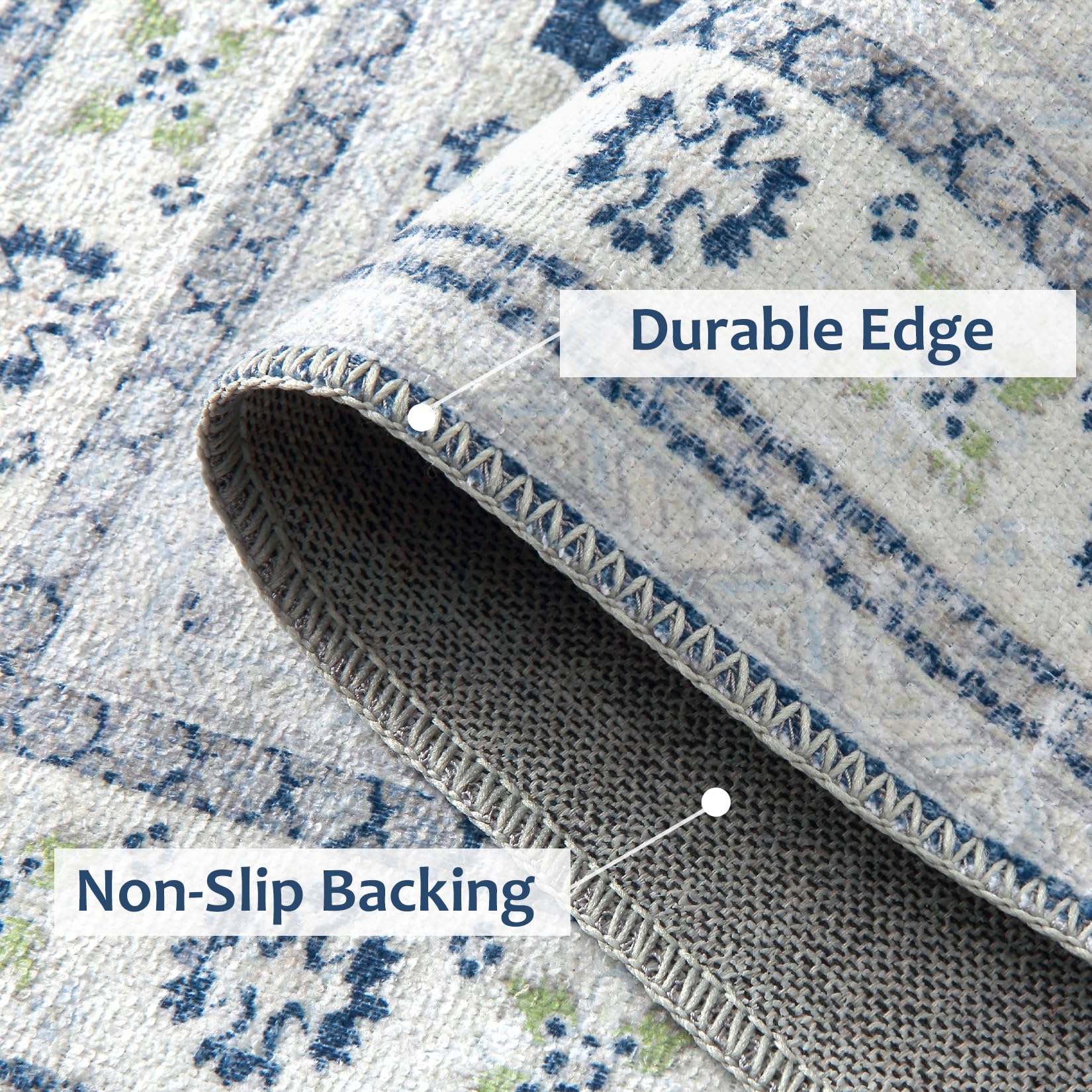 CAREMEE Vintage Rug 8x10 Machine Washable Area Rug Floral Print Rug Indoor Floor Cover Print Distressed Carpet Non-Slip Non-Shedding Chenille Mat Rug for Bedroom Living Room, Blue, 8â€™x10â€™