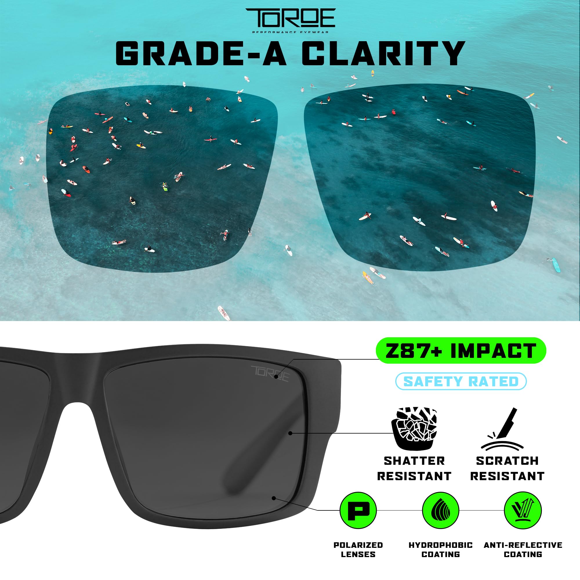 TOROE Z87+ - Gafas de sol polarizadas de seguridad, montura TR90, color negro mate, lentes con clasificación ANSI