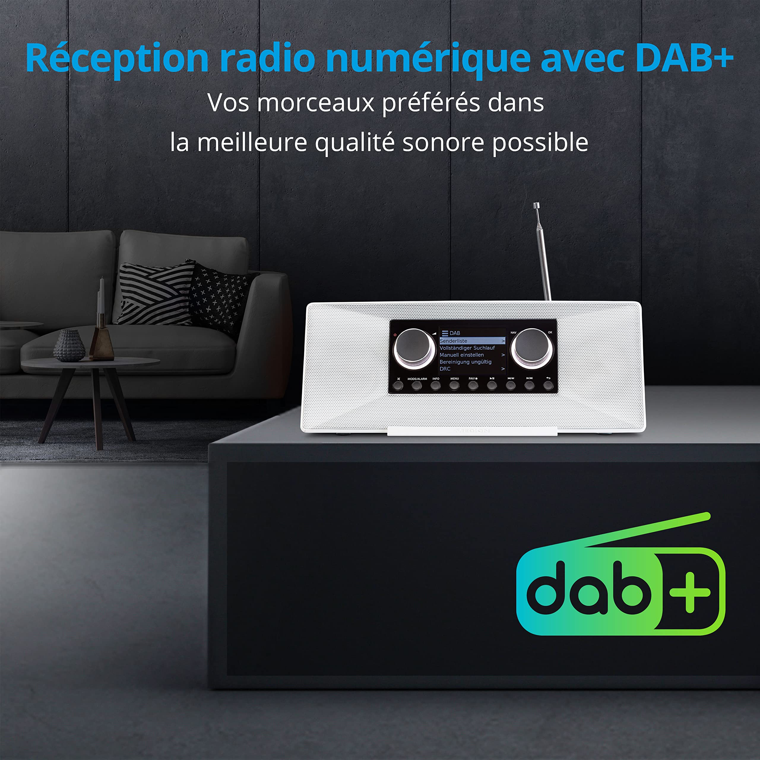 MEDION P85333 Radio Internet avec Dab+ (WiFi, FM, Spotify Connect, Amazon Music, USB, Prise Casque, AUX, Stereo Line-Out Cinch, Sleep Timer) Blanc