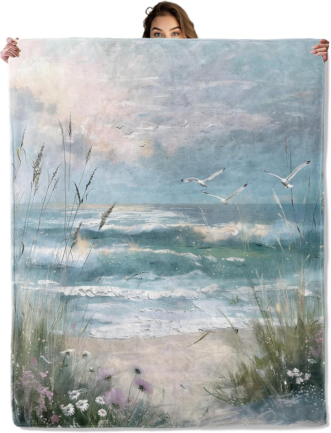 Ocean Beach Blanket 50x60 in, Flannel Throw Blankets for Travel Camping Sofa Living Room Decor, Lightweight Cozy Soft Fuzzy Gifts for Women Adults Kids