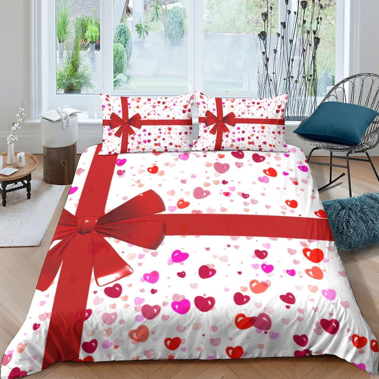 Ctjqhvkz Style-2 3D Printed Red Gift Bow Fitted Sheet Microfiber Heart Pattern Mattress Cover For Bedroom Guest Room Bed Decor Single（135X200cm）