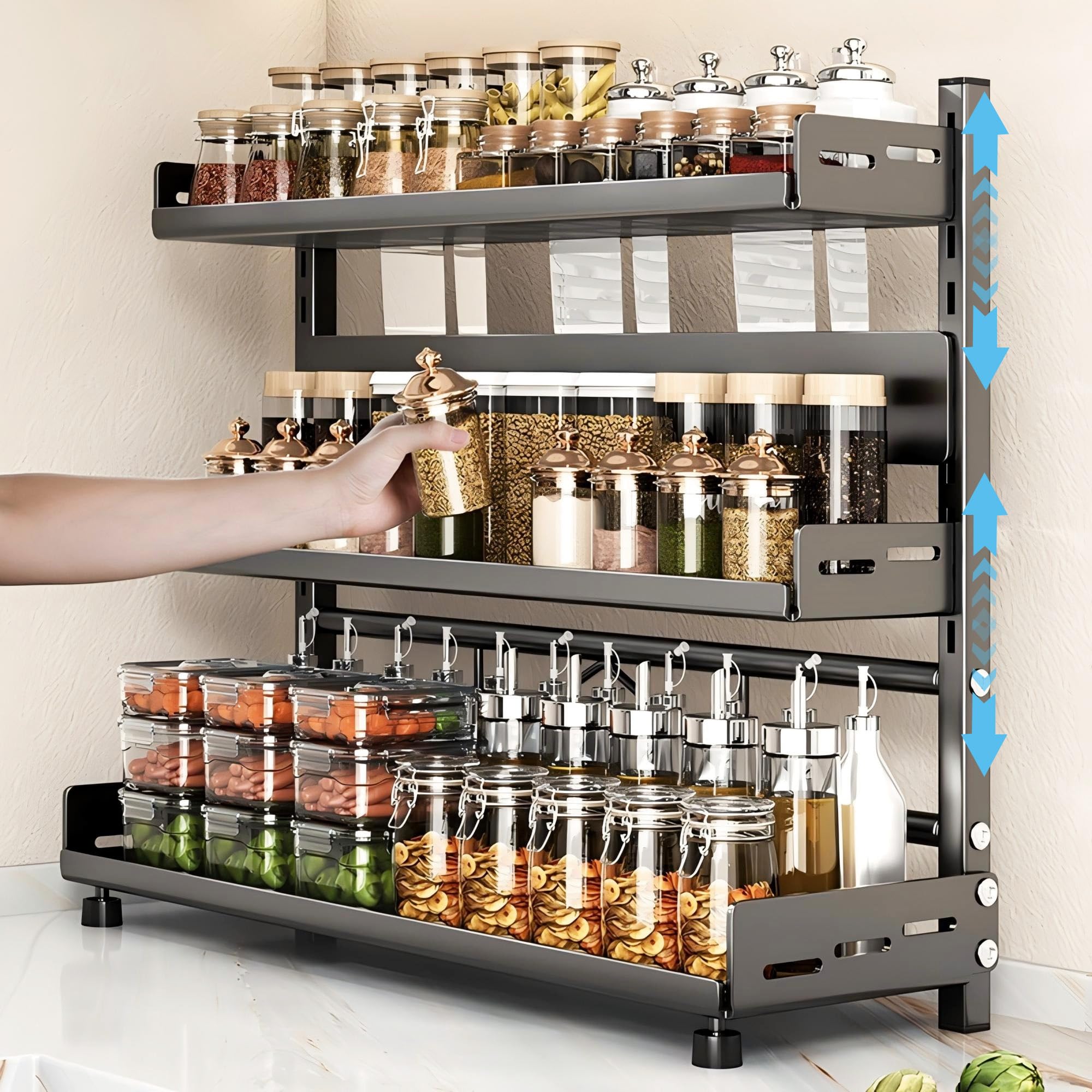 Spice Rack Organizer, 3-Tier Height-Adjustable Kitchen Countertop Spice Organizer Shelf, Metal Rust-Proof Standing Large Seasoning Organizer with
