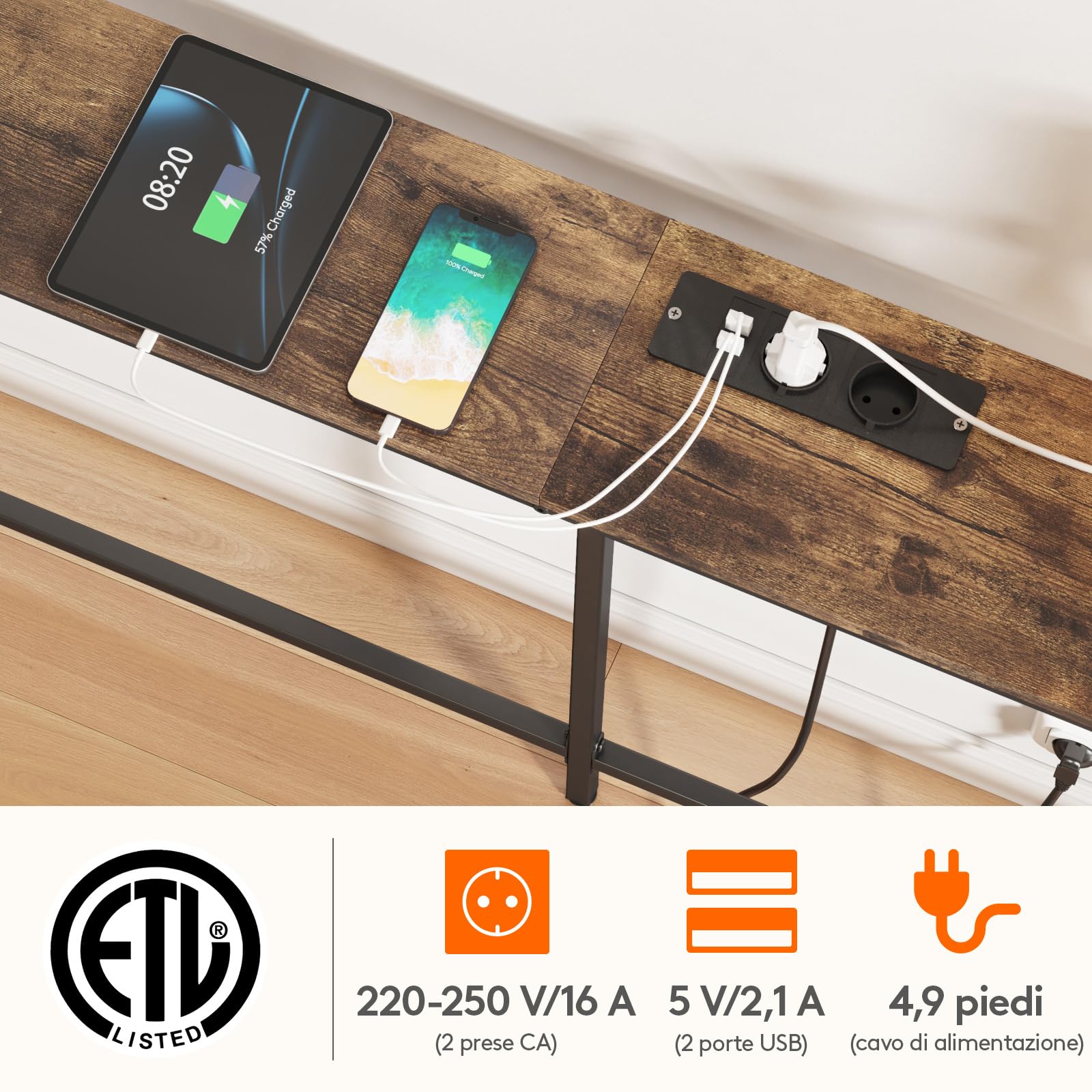 Lifewit Consolle Stretta 180cm con 2 Prese e Porta USB per il Soggiorno, Tavolo da Ingresso Industriale, Ingresso del Corridoio, Corridoio Dell'ufficio, Dietro il Divano, 180x20x80cm, Marrone Rustico