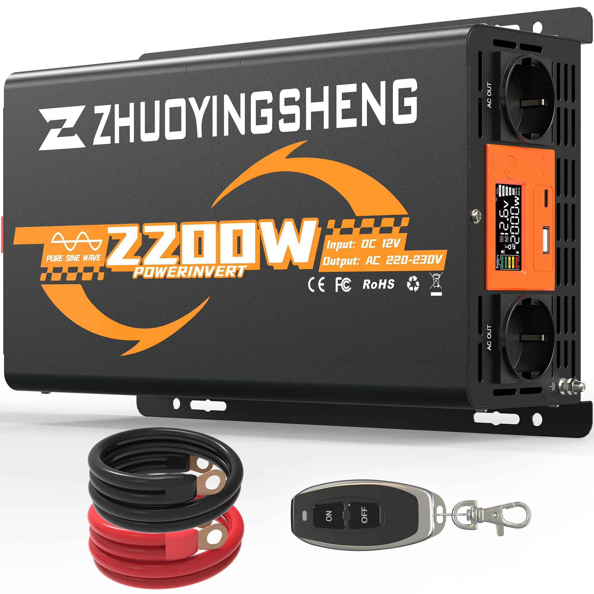 ZYS 2200W Convertisseur 12v 220v Pur Sinus ，Transformateur，Onduleur Pur Sinus，avec télécommande，LCD，2 Prises EU，1Ports USB，1 Interface PD30W Type-C，per Camions，VéHicules， Camping
