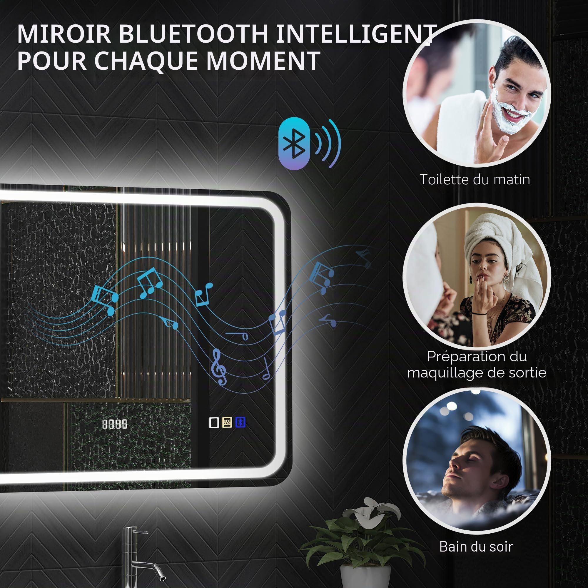 HOMCOM Miroir de Bain avec éclairage mémoire Horloge 70x90cm Argent