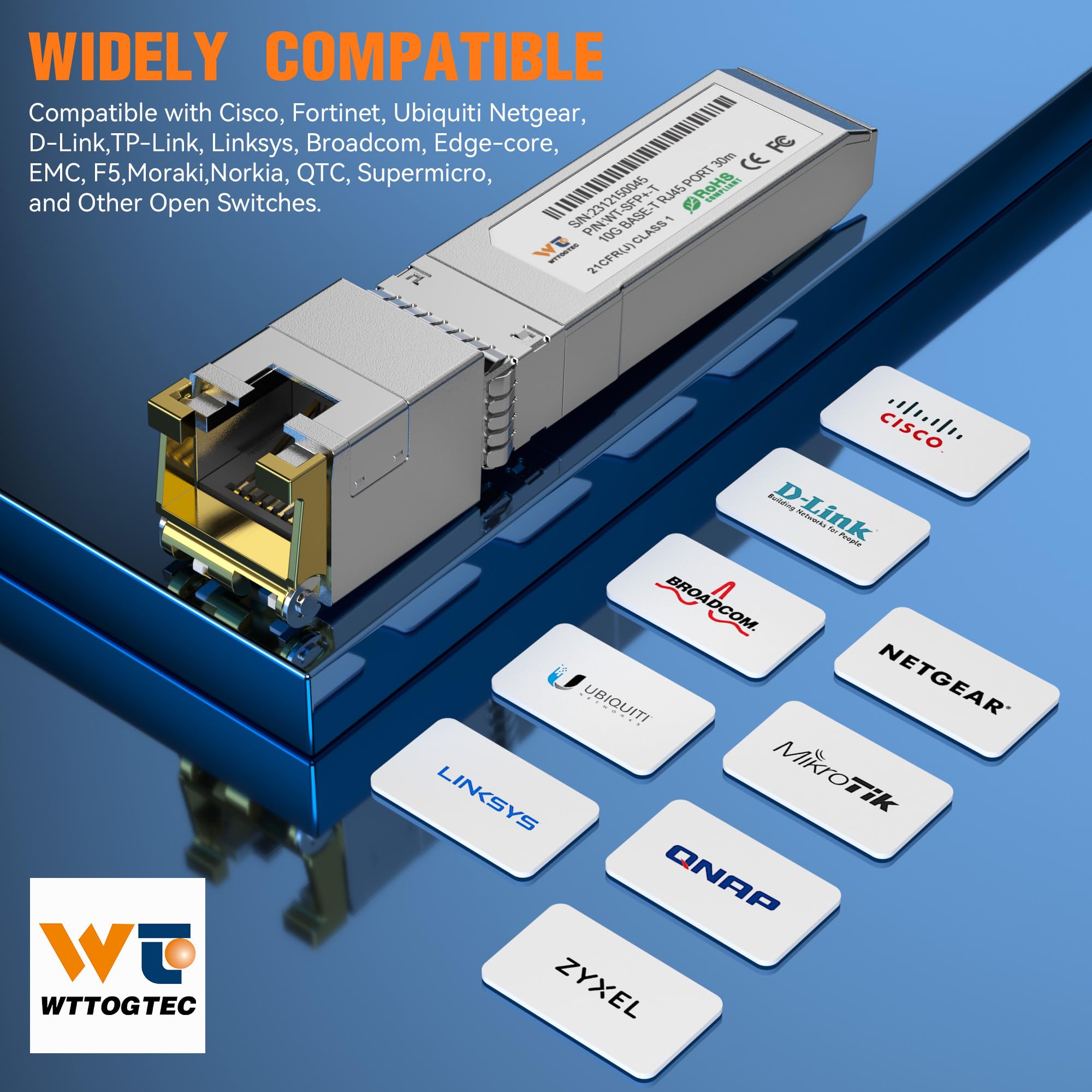 Émetteur-récepteur 10G SFP+ vers RJ-45, module SFP+ CAT6a en cuivre 1,25/2,5/5/10G-T, auto-négociation, jusqu'à 30 m, pour Cisco SFP-10G-T-S, Meraki, TP-Link, Mikrotik, Netgear et plus encore