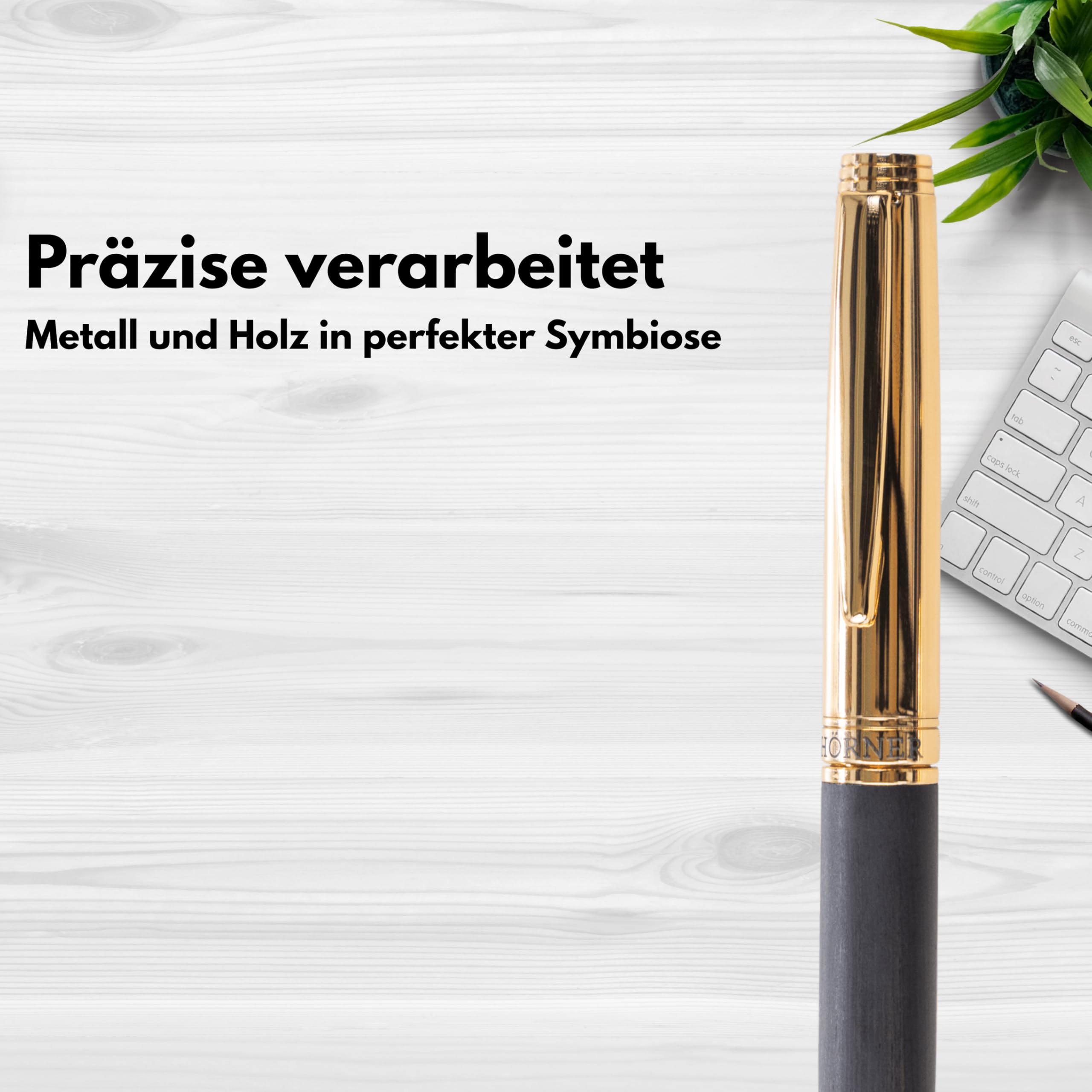 Hörner Legno Kugelschreiber mit Gravur I Ebenholz-Gold I Premium Design I Edle Geschenk-Box I Schreibfarbe Blau I Strichstärke M 1 mm I Drehkugelschreiber I Hochwertiger Holzkugelschreiber