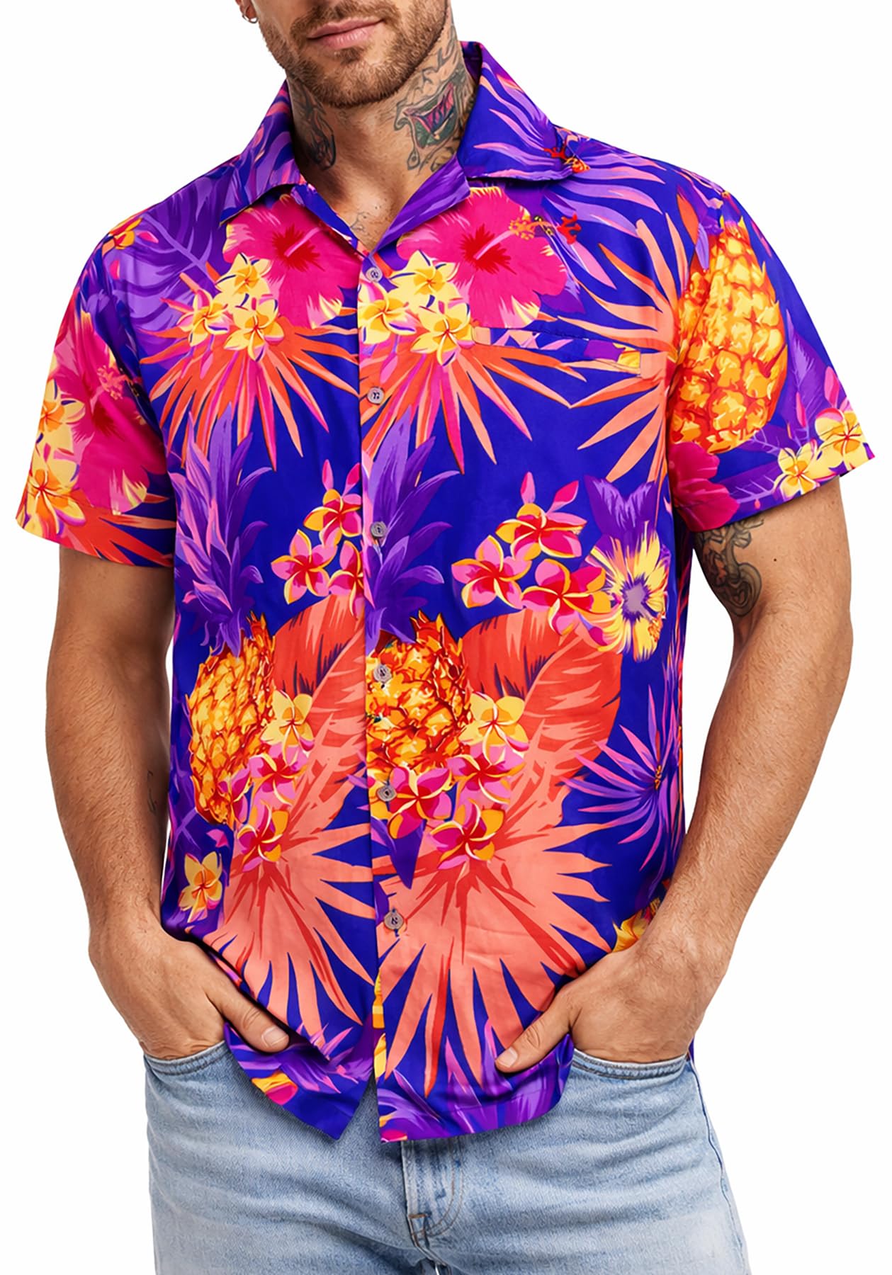 King Kameha Men's Dark Blue - Pineapple Hawaiian Shirts For – Hawaiian Shirt With Pineapple Print, Summer Shirts For Uk - Botton Down Shorts Sleeve Shirt - Aloha Holiday Clothes - Pineapple, Dark Blue, 6XL