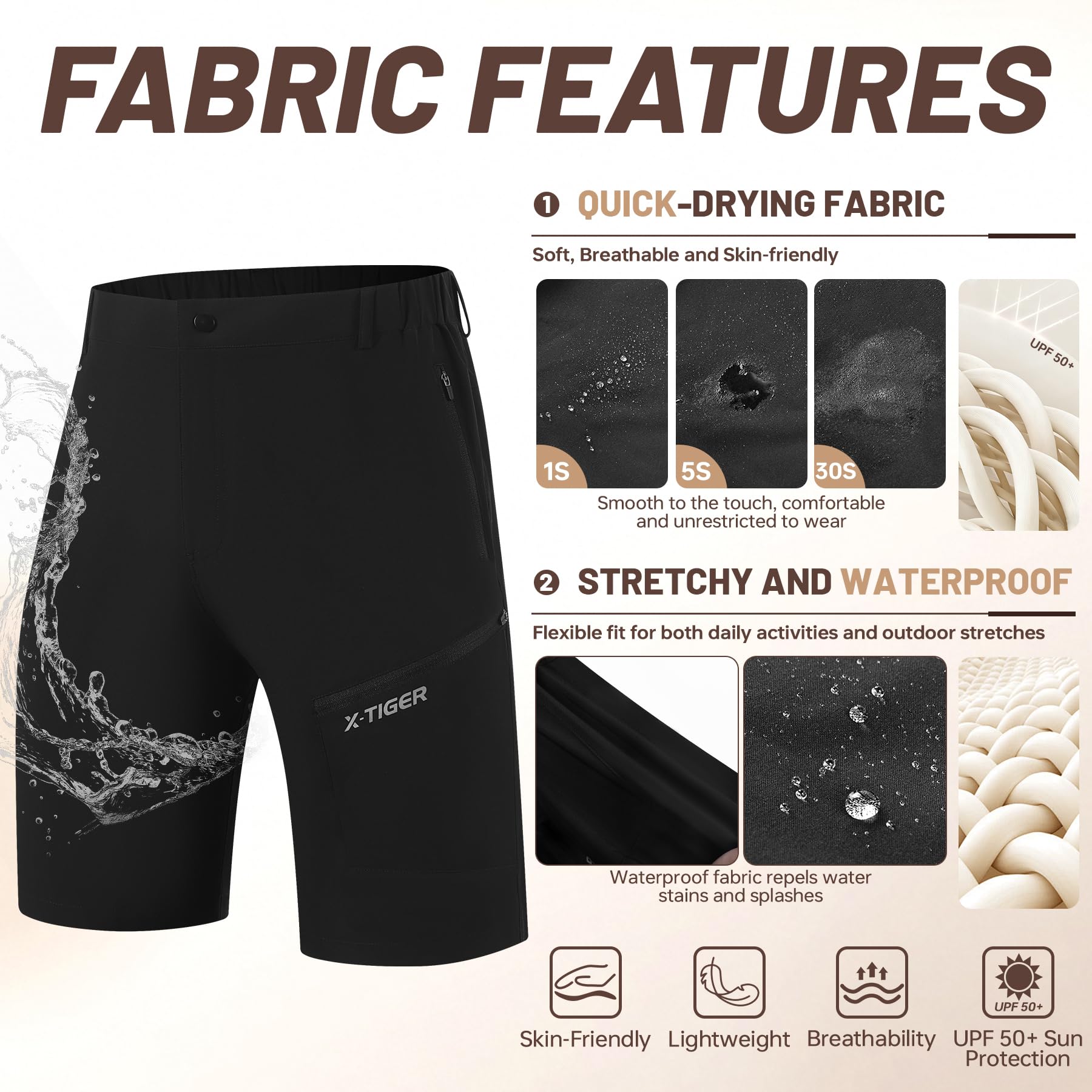 X-TIGER Pantalones Cortos Cargo Hombre Senderismo Verano Secado Rápido Transpirable Impermeable con 5 Bolsillos con Cremallera para Trekking Escalada Trabajo al Aire Libre