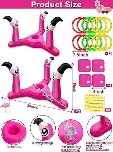 Miniatura 2 de Paquete de 2 juguetes inflables de flamenco para piscina, 2 en 1, anillos flotantes para piscina para lanzar y cornhole, decoración de fiesta