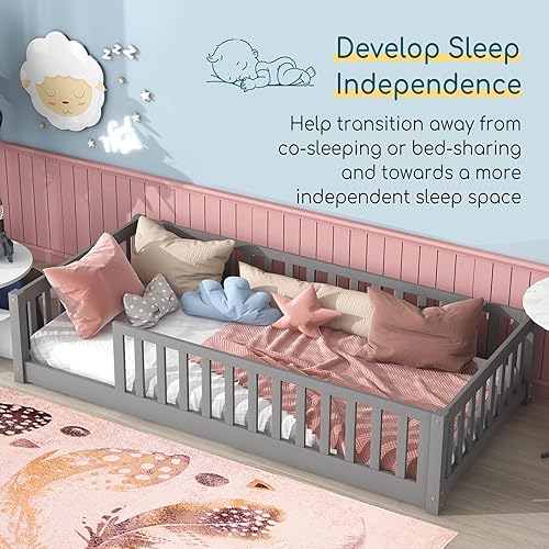 Miniatura 4 de Tatub Cama de suelo individual con barandillas de seguridad y puerta y listones, marco de cama Montessori de madera para niños y niñas, tamaño