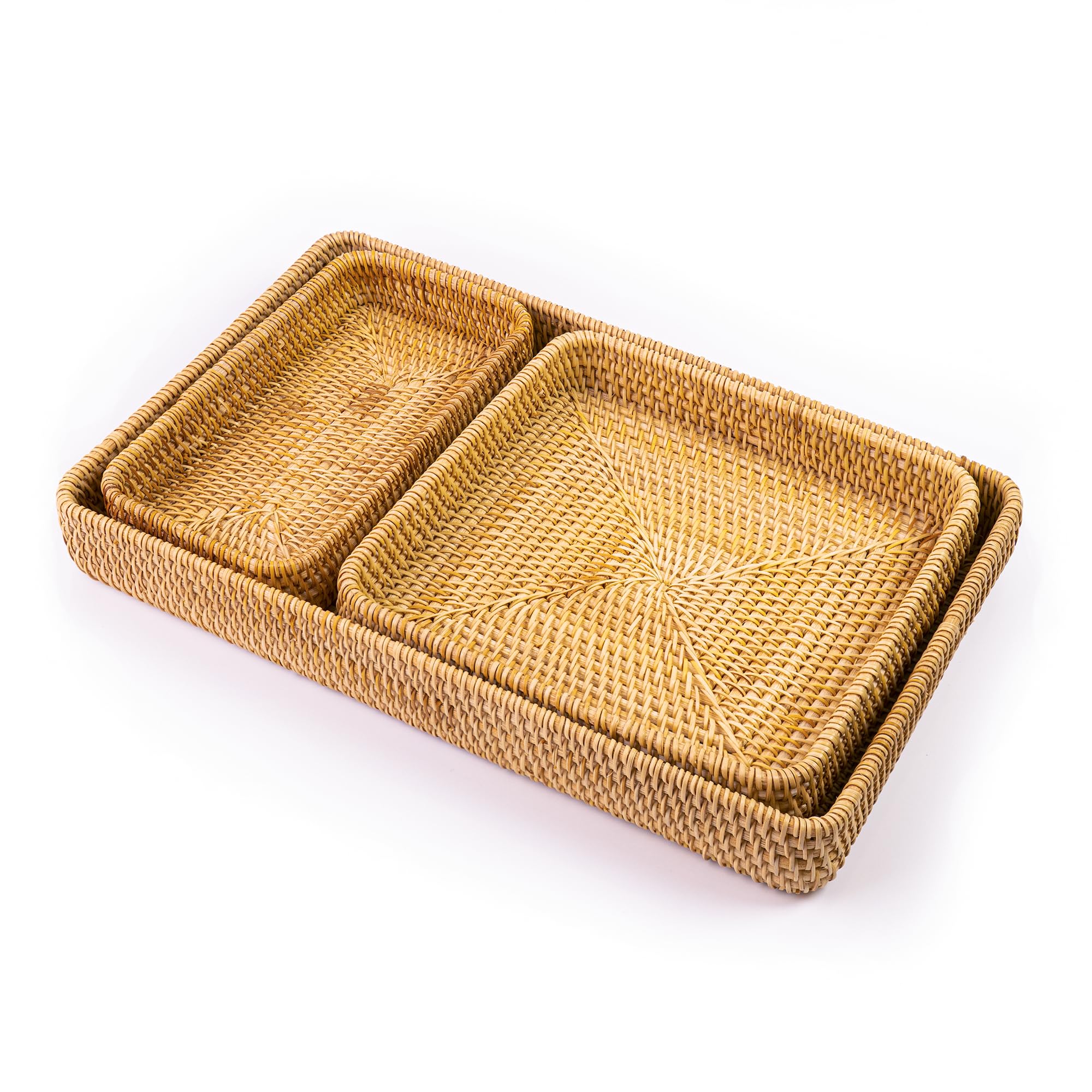 Handmade Rattan Serving Trays, Set of 3, Woven Rectangular Storage Baskets