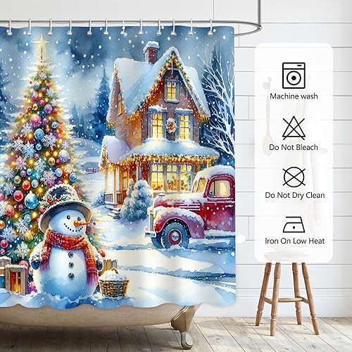 Miniatura 7 de Cortina de ducha de Navidad, decoración navideña de camión rojo de Navidad, cortina de ducha impermeable con 12 ganchos, decoración de baño de