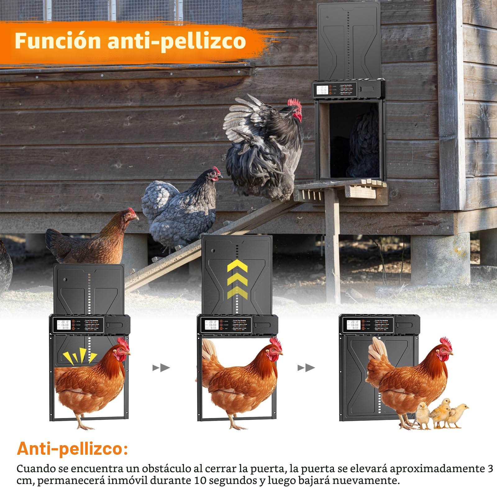 Puerta Gallinero Automatica con Pantalla, Anti-atrapamiento, Batería, Temporizador