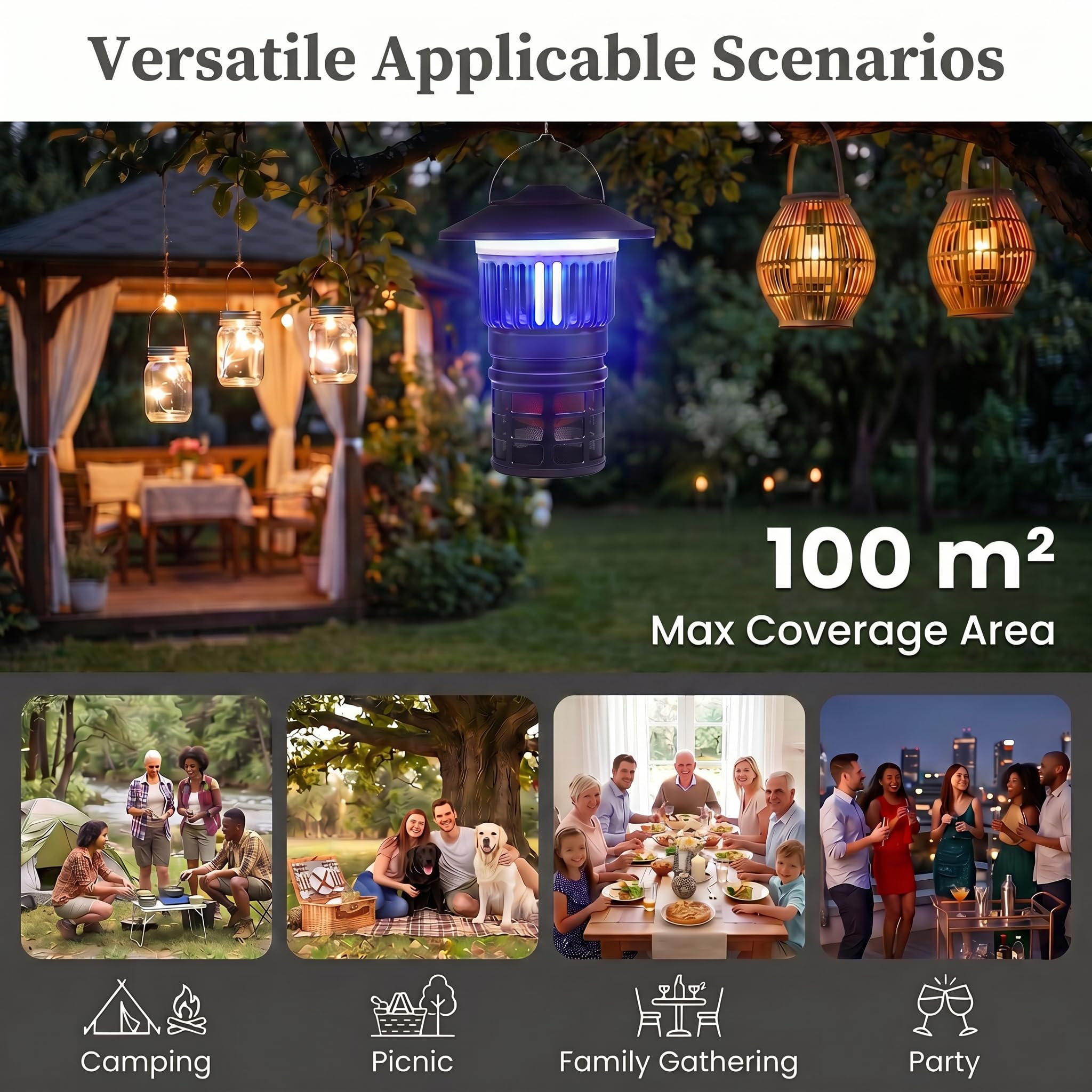 HOMASIS 2 en 1 Lámpara Antimosquitos Exterior con Luz, Captura Moscas Insectos con Ventilador y Batería Recargable de 2000 mAh, Trampa para Mosquitos de Interior y Exterior, Patio, Terraza, Jardín