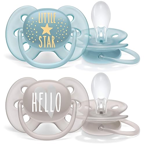 Miniatura 7 de Philips AVENT Chupete ultra suave, 6-18 meses, diseño Little Star and Hello (Little Star and Hello Designs), paquete de 4, azulgris SCF22341