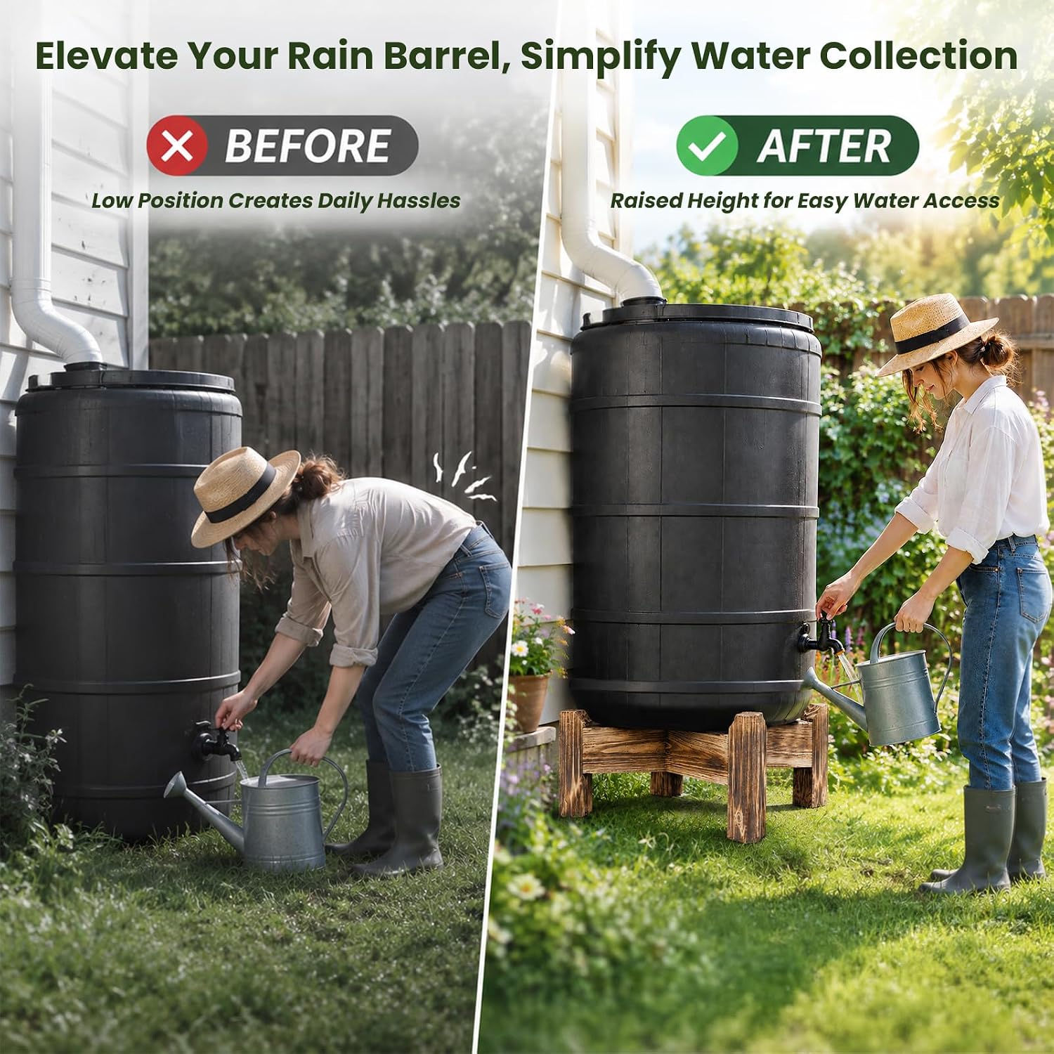 Solid Pine Rain Barrel Stand, 500 LBS No-Bend Elevated Wooden Base with Anti-Slip Pads,3.35-Inch Thick Support Boards, Fits 45/50/55 Gallon Round Rain Barrels for Backyard Rainwater Collection